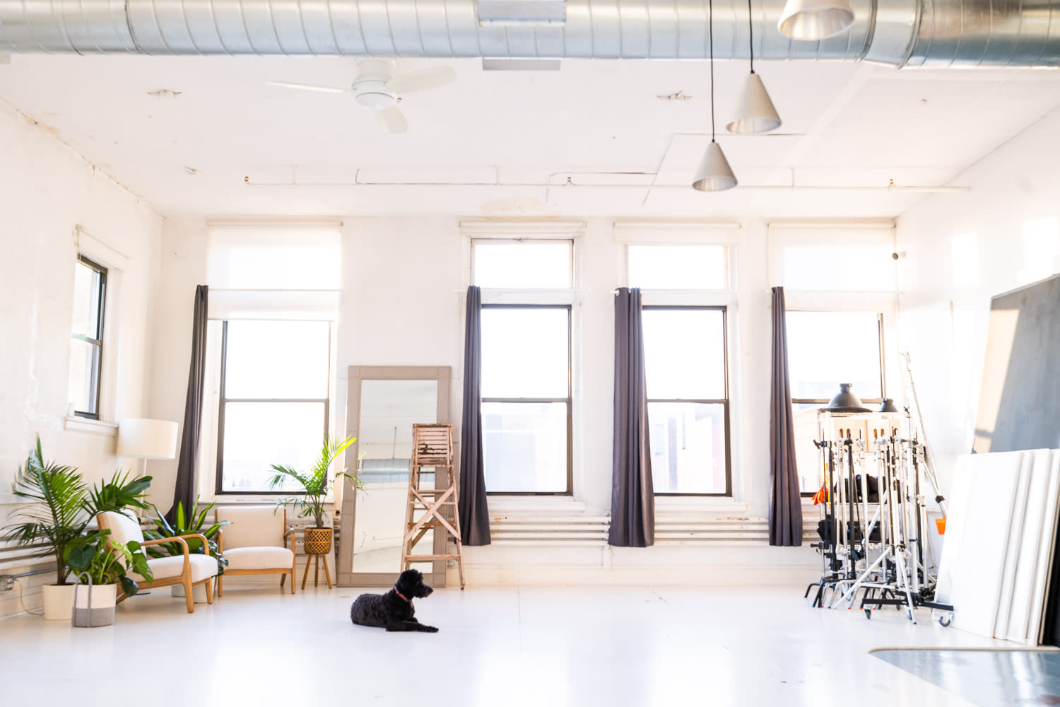 A photographer prepares a studio setup with lights, backdrops, and equipment for a photo shoot.