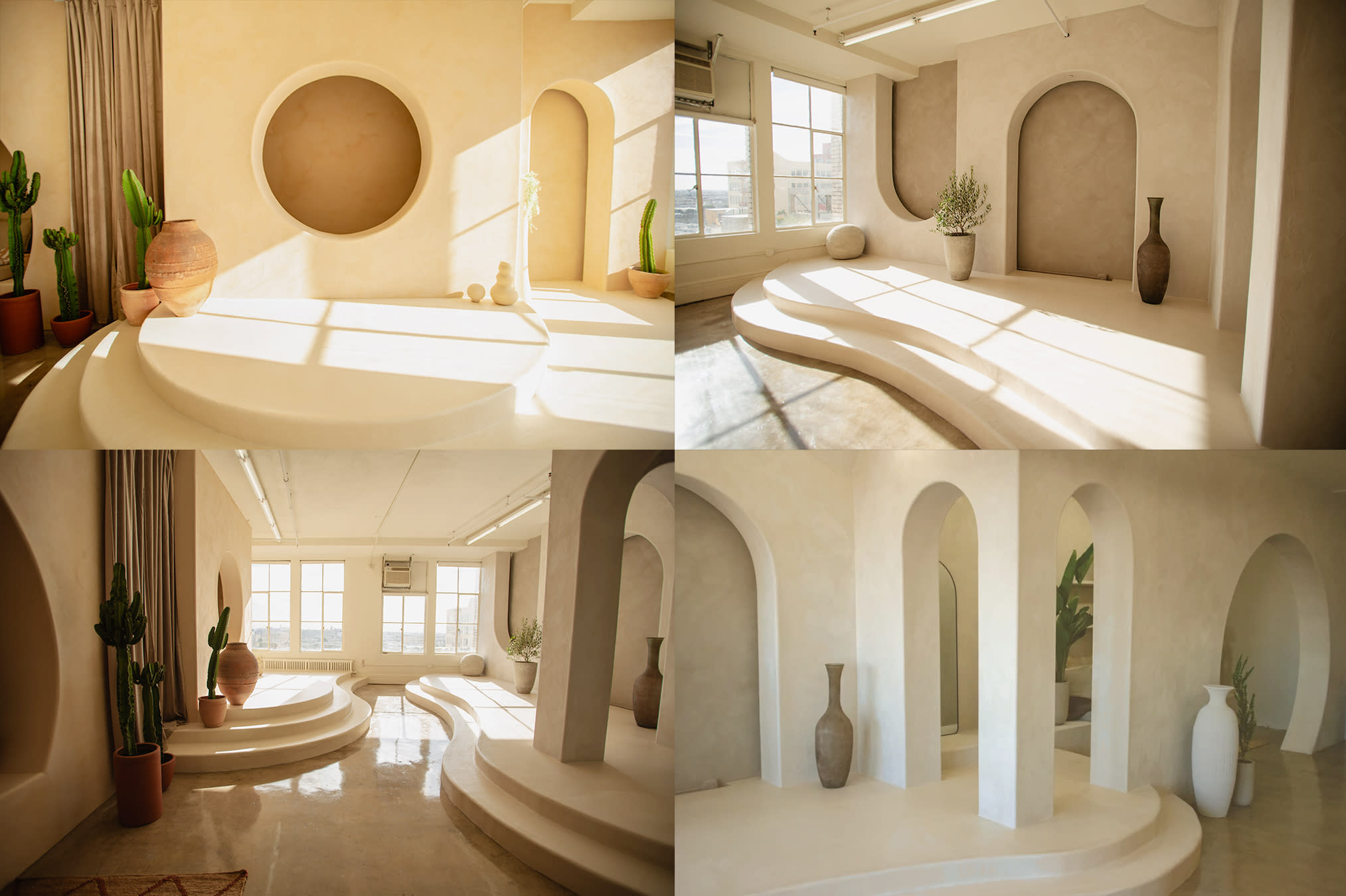 The image features a minimalist, light-colored interior showcasing a smooth surface with a yoga mat, an elegant vase, and a round decorative stone.