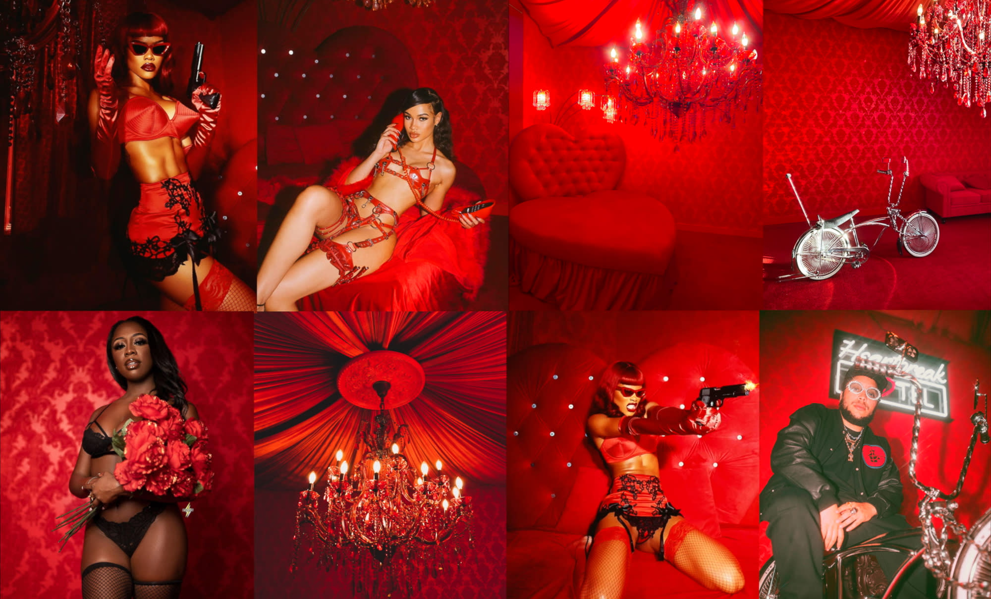 A film crew sets up a scene in a bedroom decorated in vibrant red tones, featuring a heart-shaped bed and a bouquet of roses.