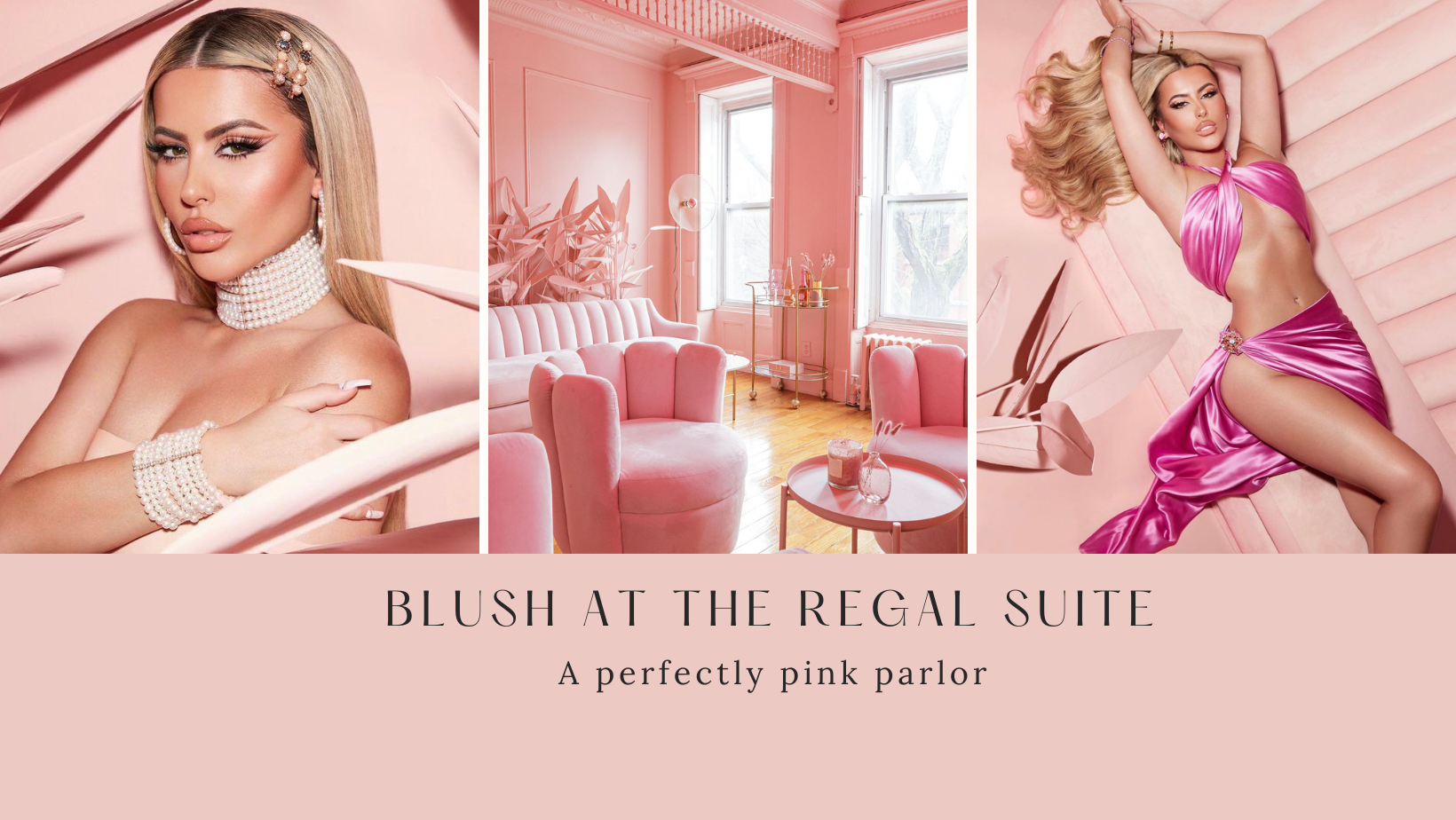 A model poses elegantly on a sofa in a pink-themed room during a video shoot.