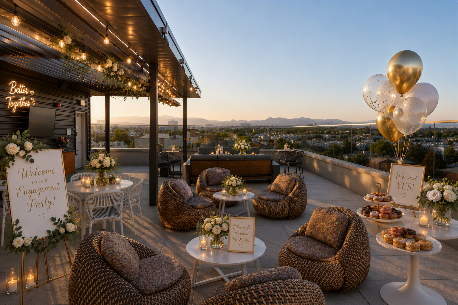 A couple celebrates their engagement on a rooftop, with the woman holding a bottle of champagne while the man stands beside her.