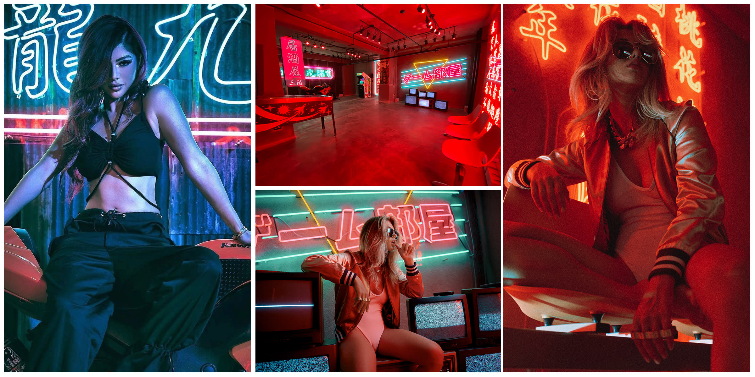 The scene features a brightly lit video shoot backdrop with neon signage and several vintage television sets arranged in front.