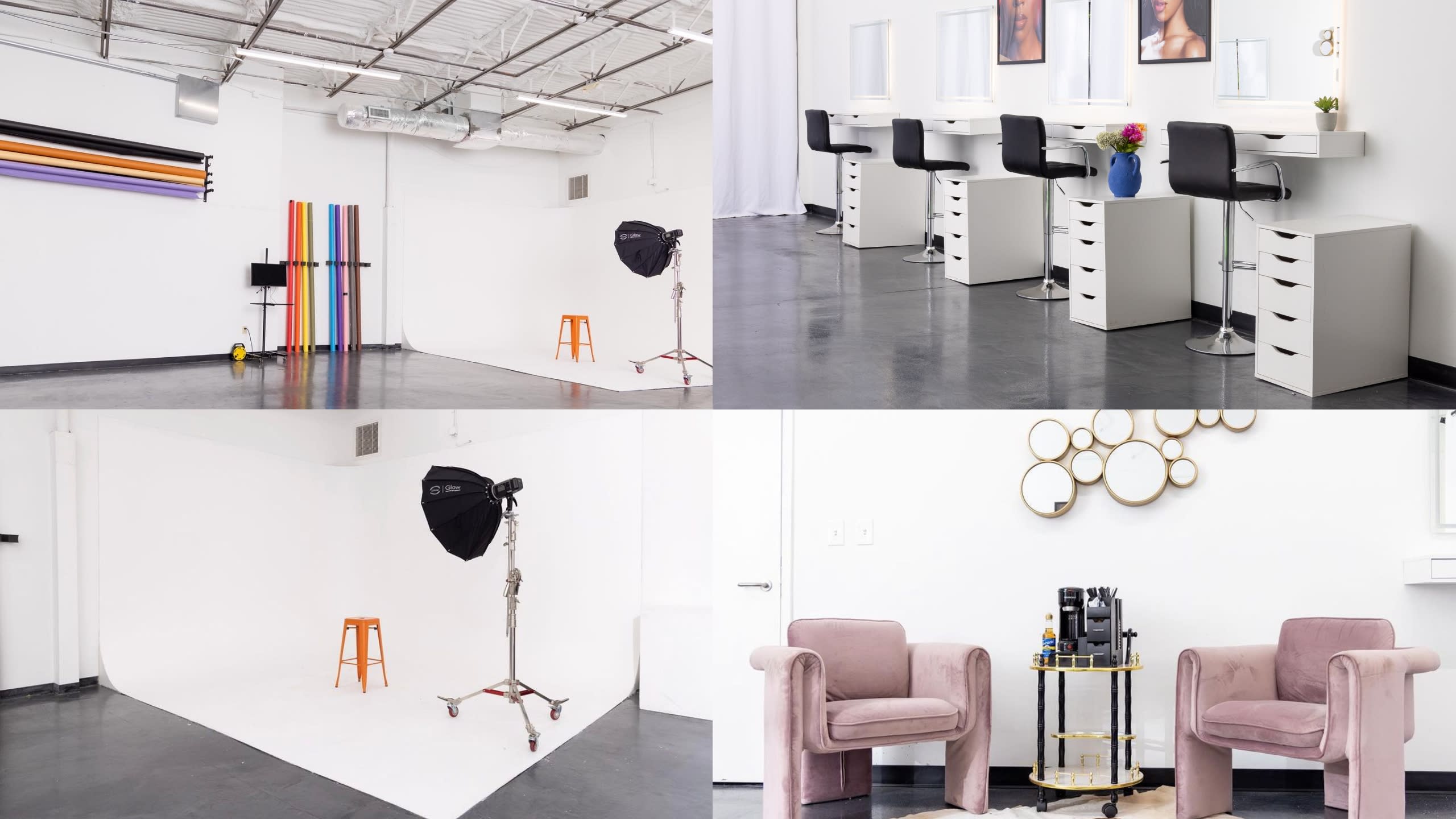 A photographer captures images of a model posing with a product on a pedestal in a studio.