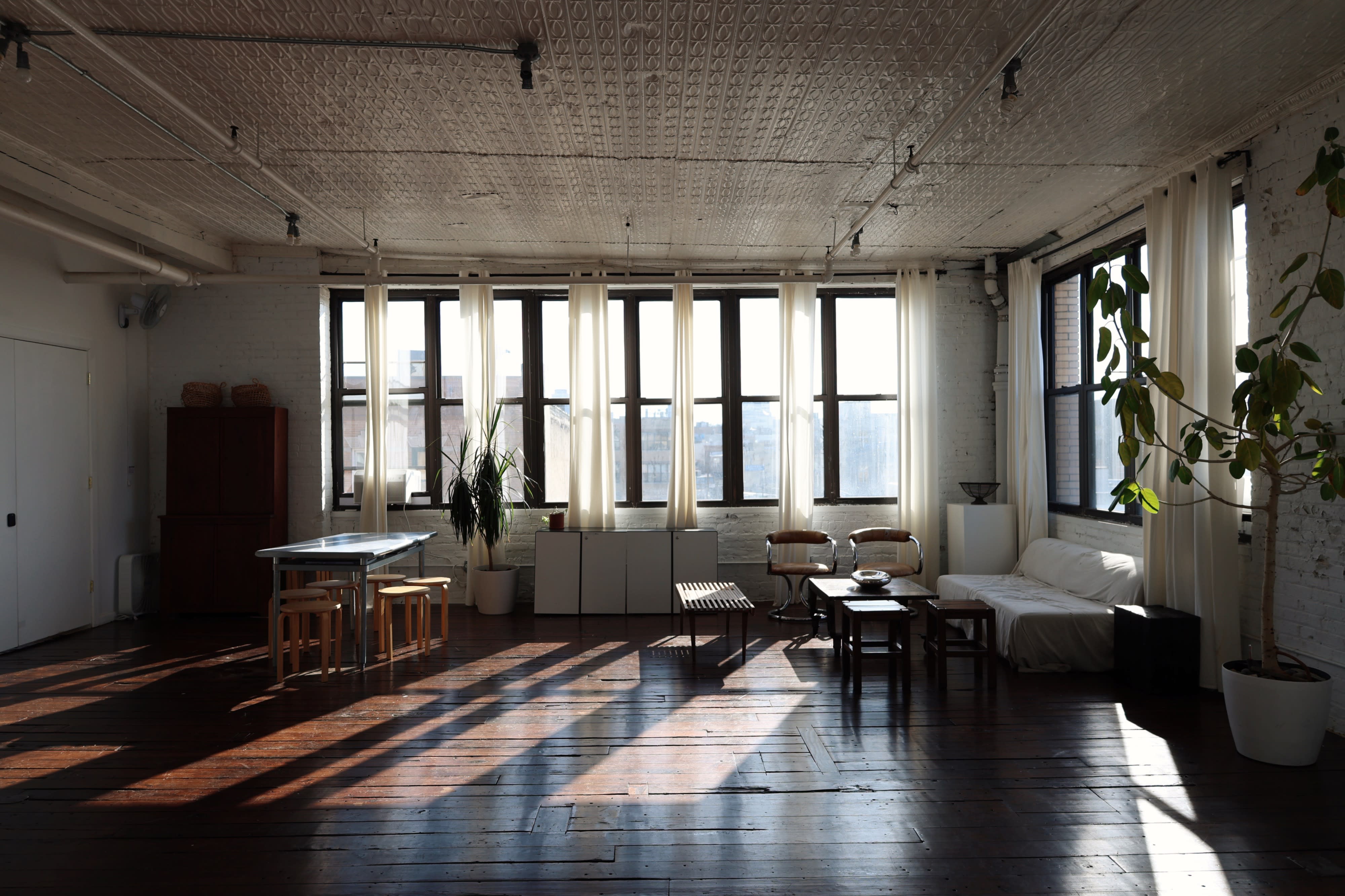 A spacious, sunlit room features two modern chairs and a potted plant against a plain wall.
