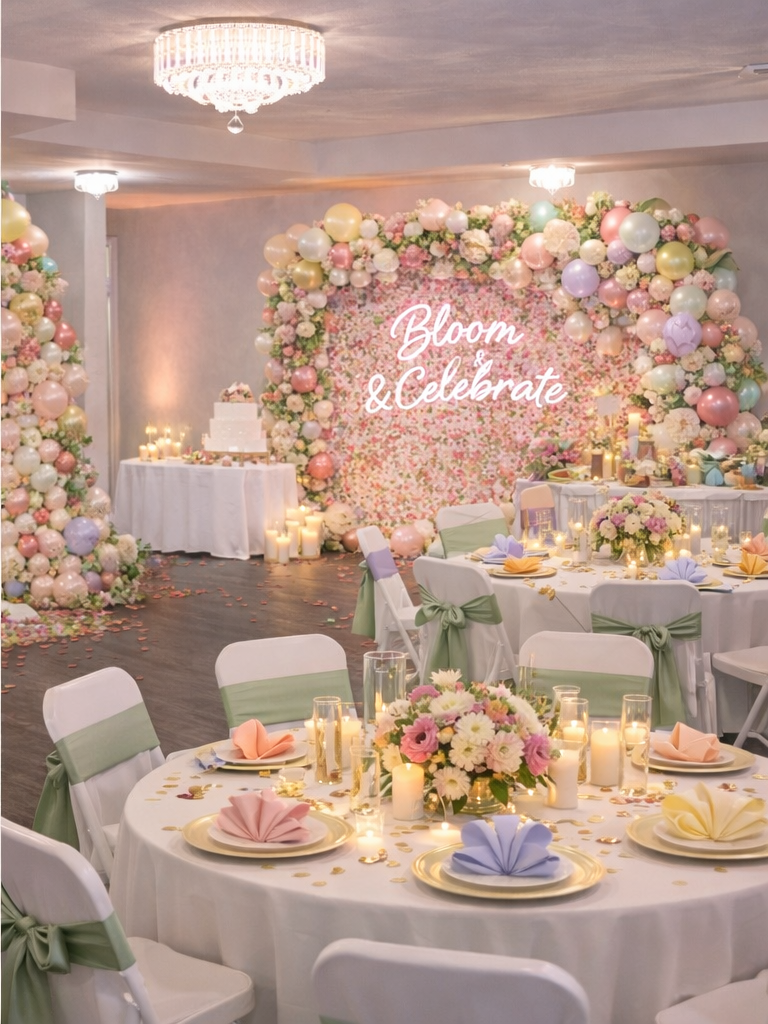 The scene shows a decorated table featuring a variety of snacks, including nachos and cupcakes, set up for a teen birthday party.