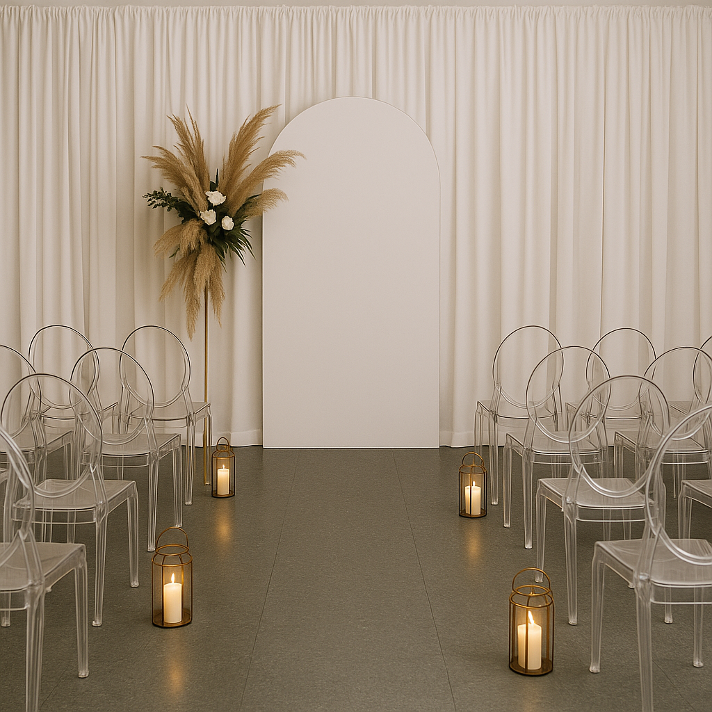 A white wedding dress hangs on a gold rack next to elegant shoes and a bouquet.