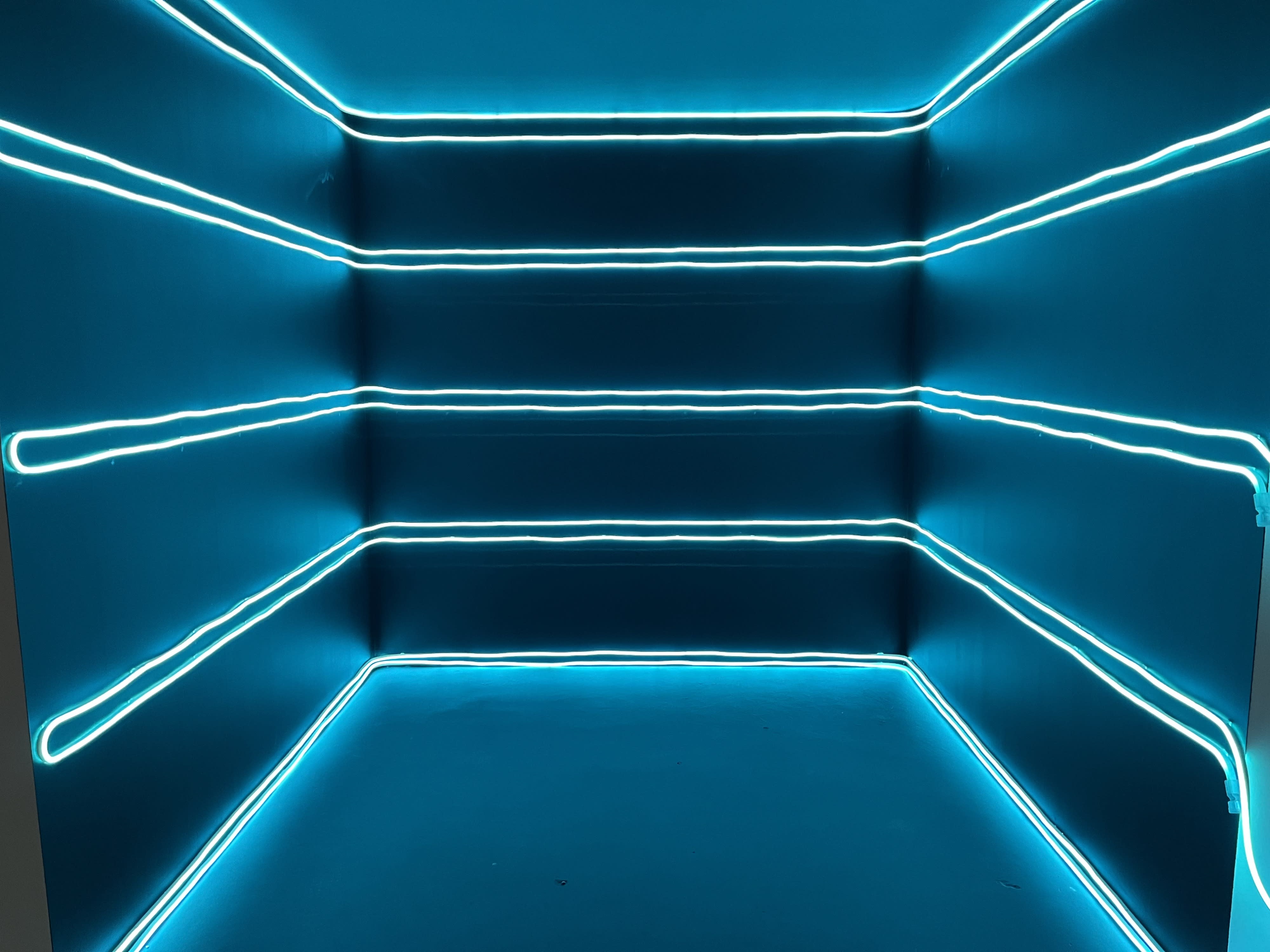 A model poses stylishly against a backdrop of glowing neon lines in a photoshoot.