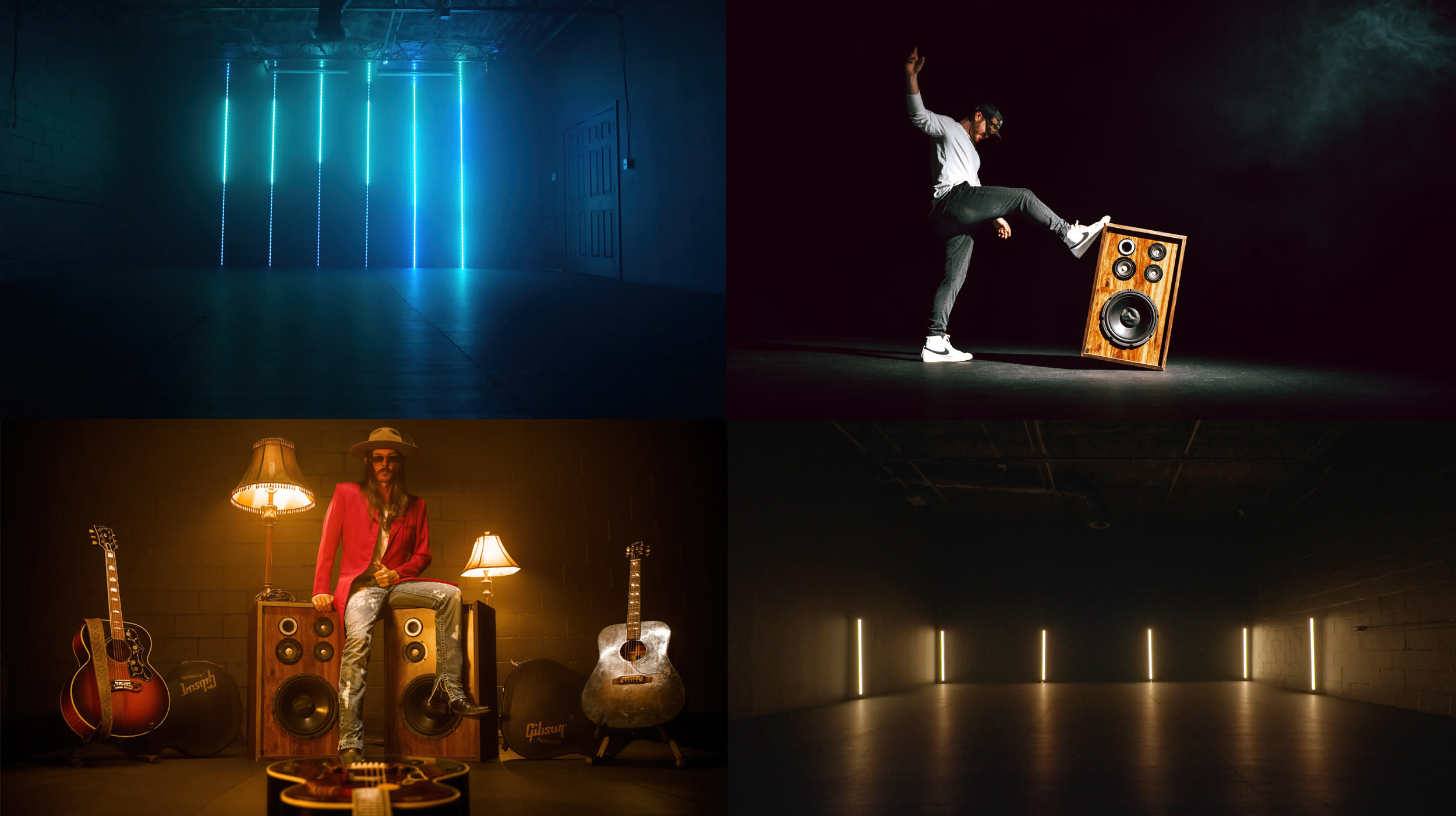 A male singer performs into a sparkling microphone under a purple spotlight in a music video setting.