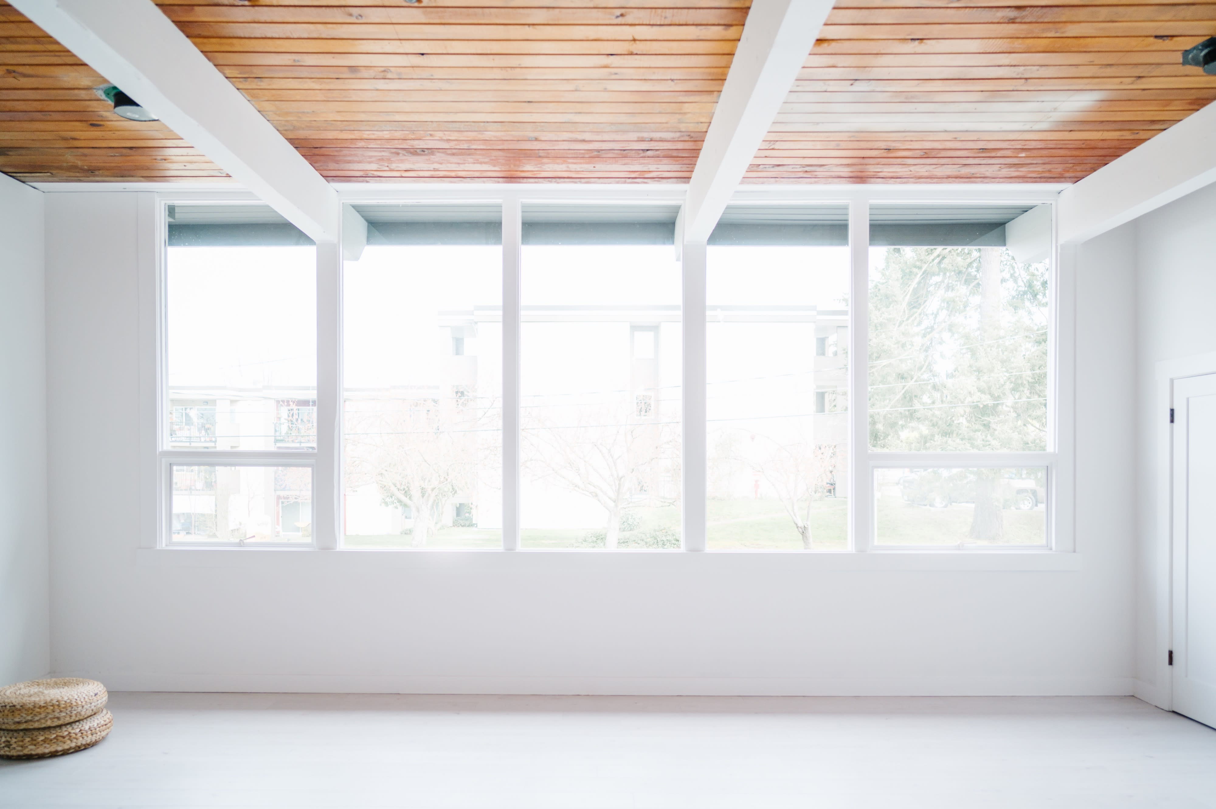 A modern photo shoot setup features a minimalist room with a velvet couch, potted plants, and ample natural light through large windows.