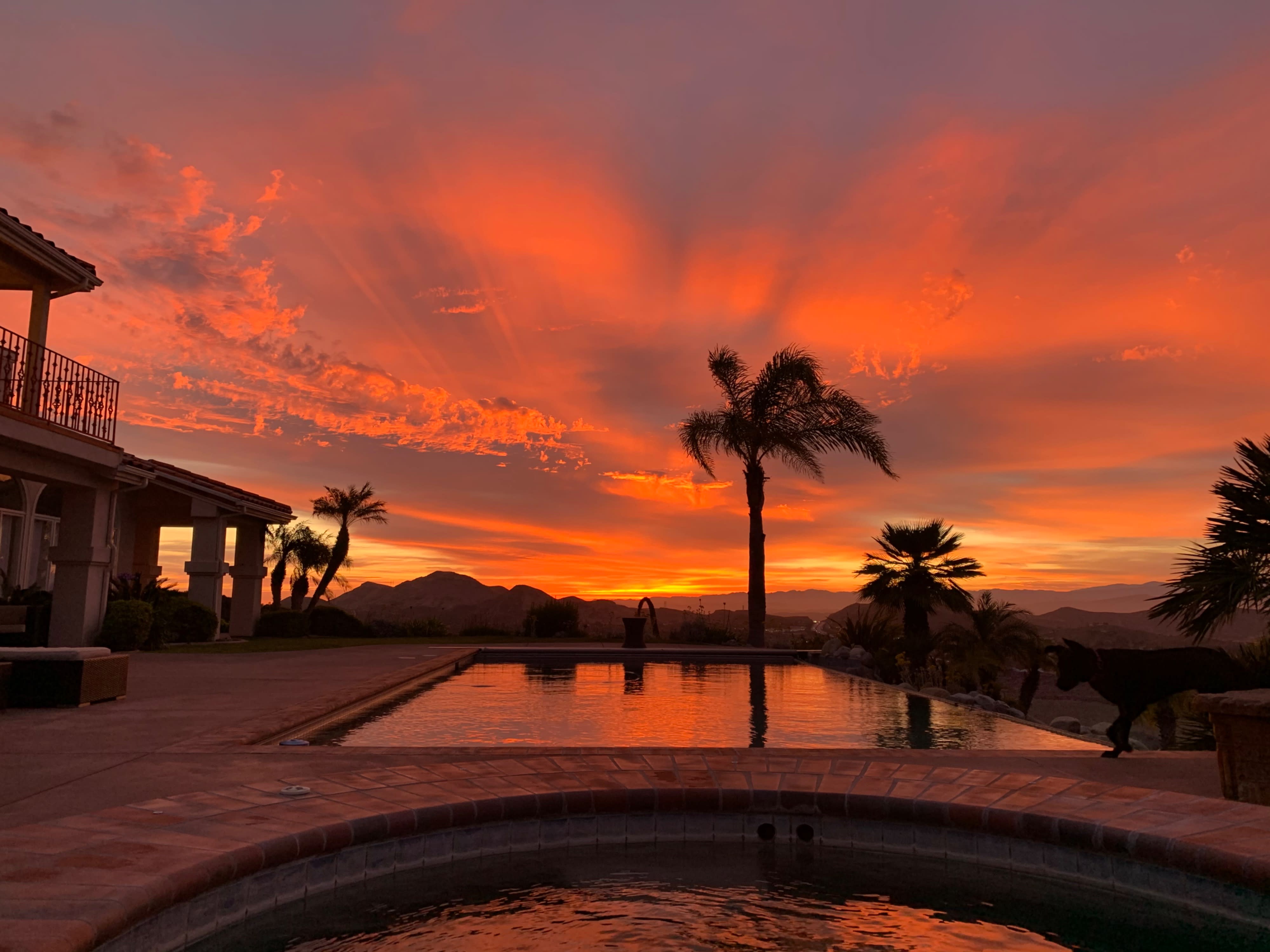 Guests gather around a poolside setting at sunset, enjoying an evening event with a view of the mountains and city lights.