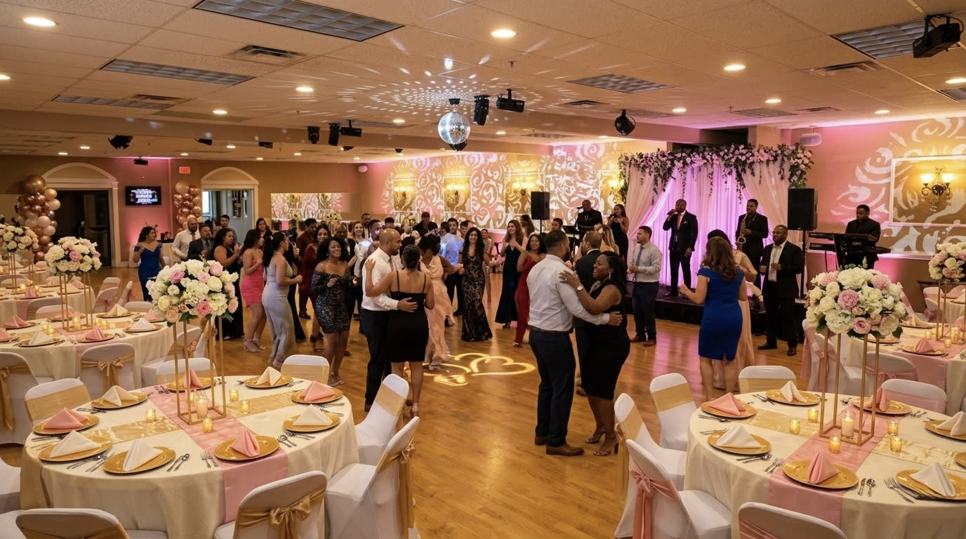 Guests are seated at tables adorned with blue and white decorations, celebrating a baby shower in a spacious venue.