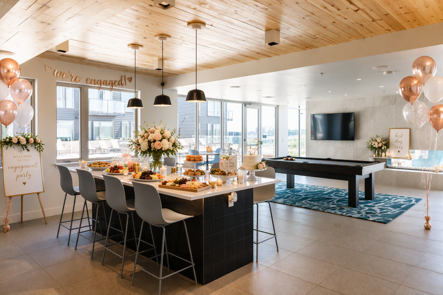 The image shows a bright indoor setting arranged for an engagement party, featuring a long table laid with plates and decorations, and additional tables set up nearby.