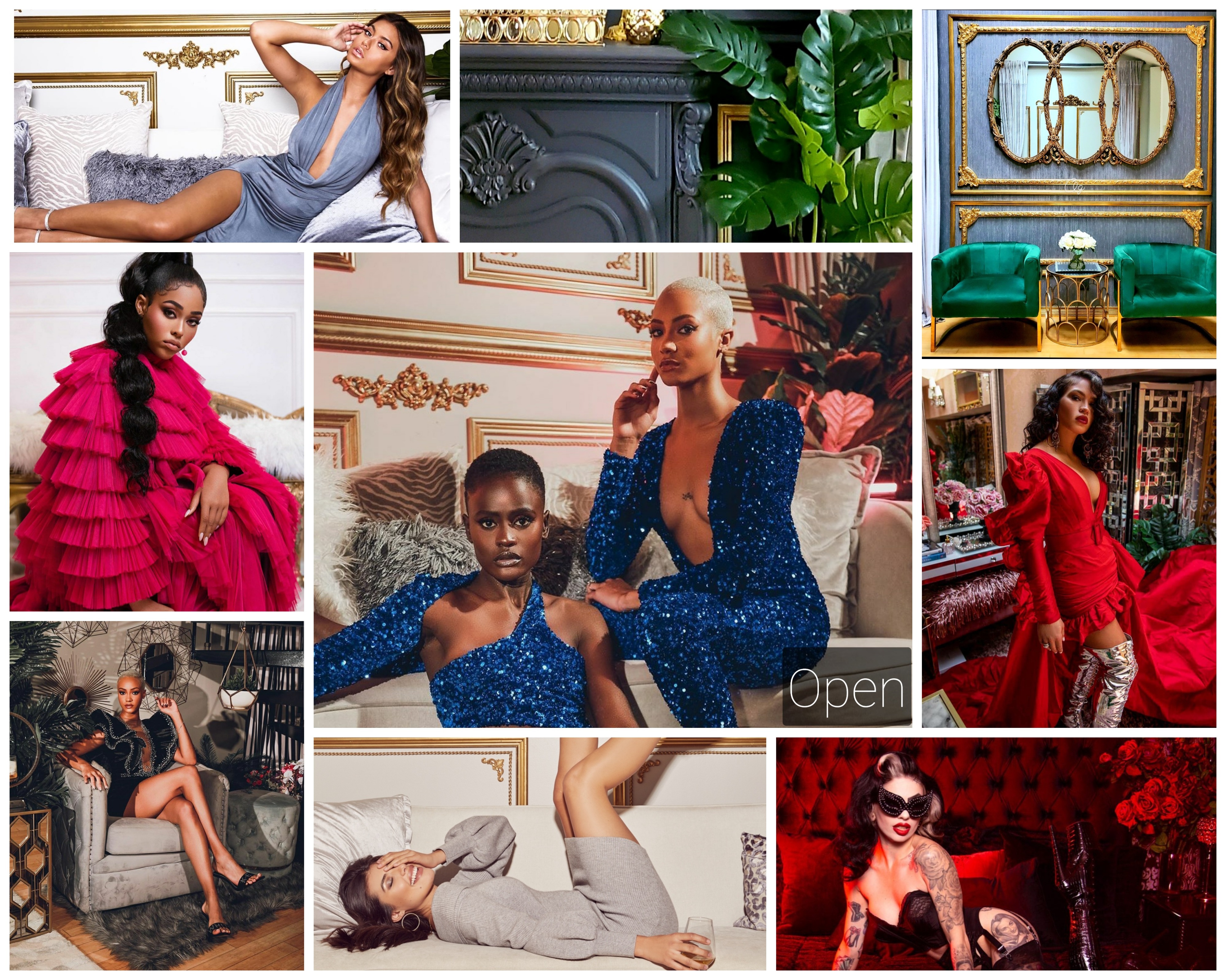 Two models pose on a sofa wearing black lingerie and sheer robes during a photoshoot.