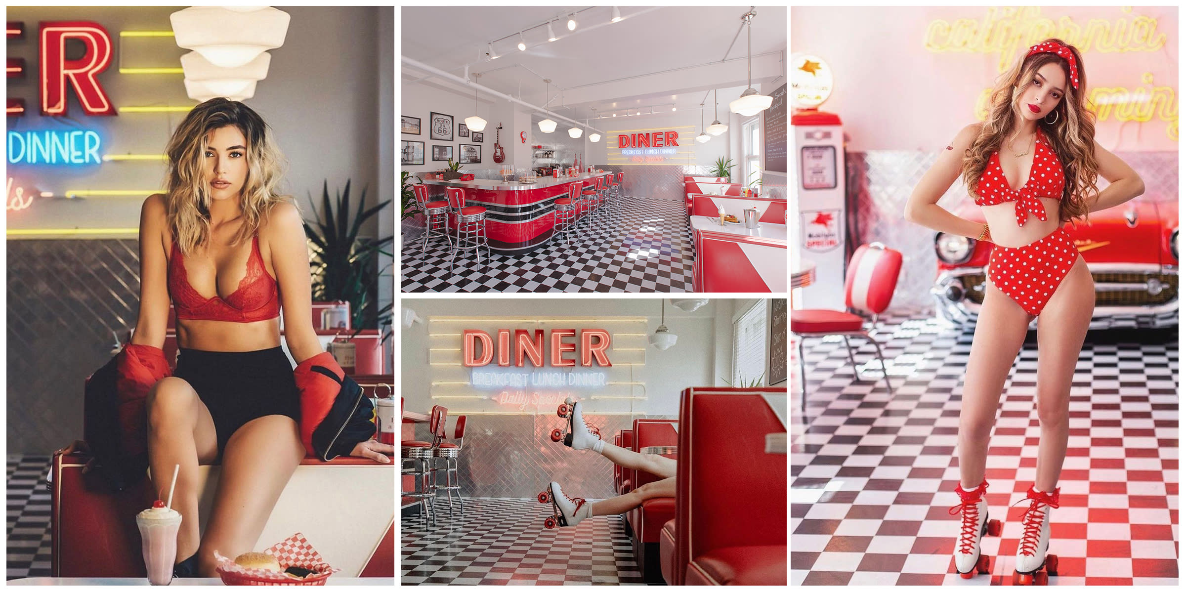 A model poses in a vintage diner, showcasing a retro outfit against a brightly lit neon sign.