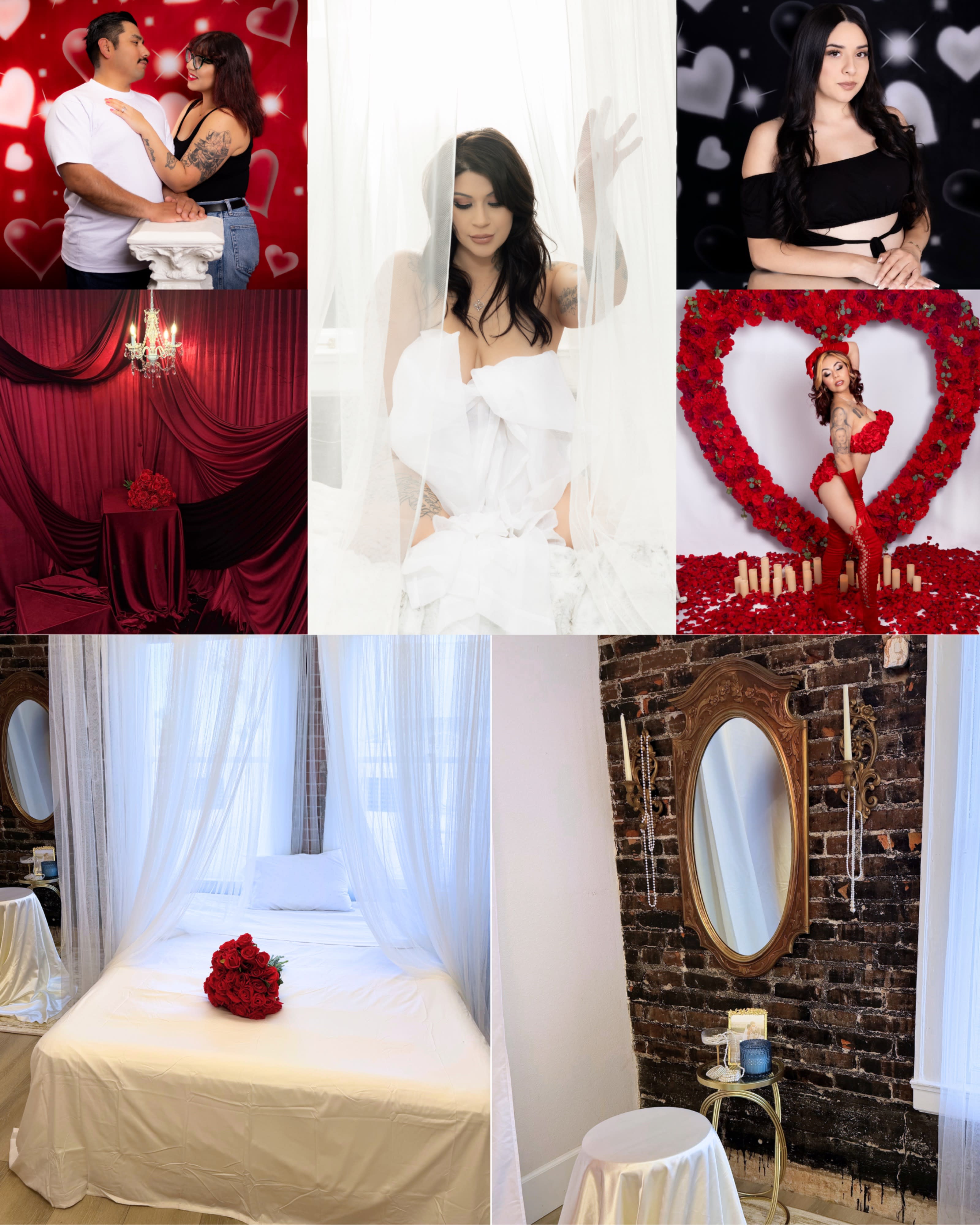 A model poses on a pedestal holding a bouquet of roses against a backdrop of rich red fabric and a chandelier.