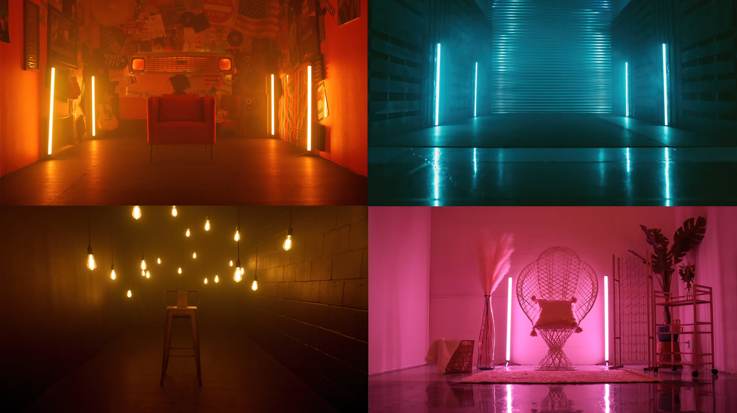 A person sits on a stool in a dimly lit space surrounded by hanging bulbs.