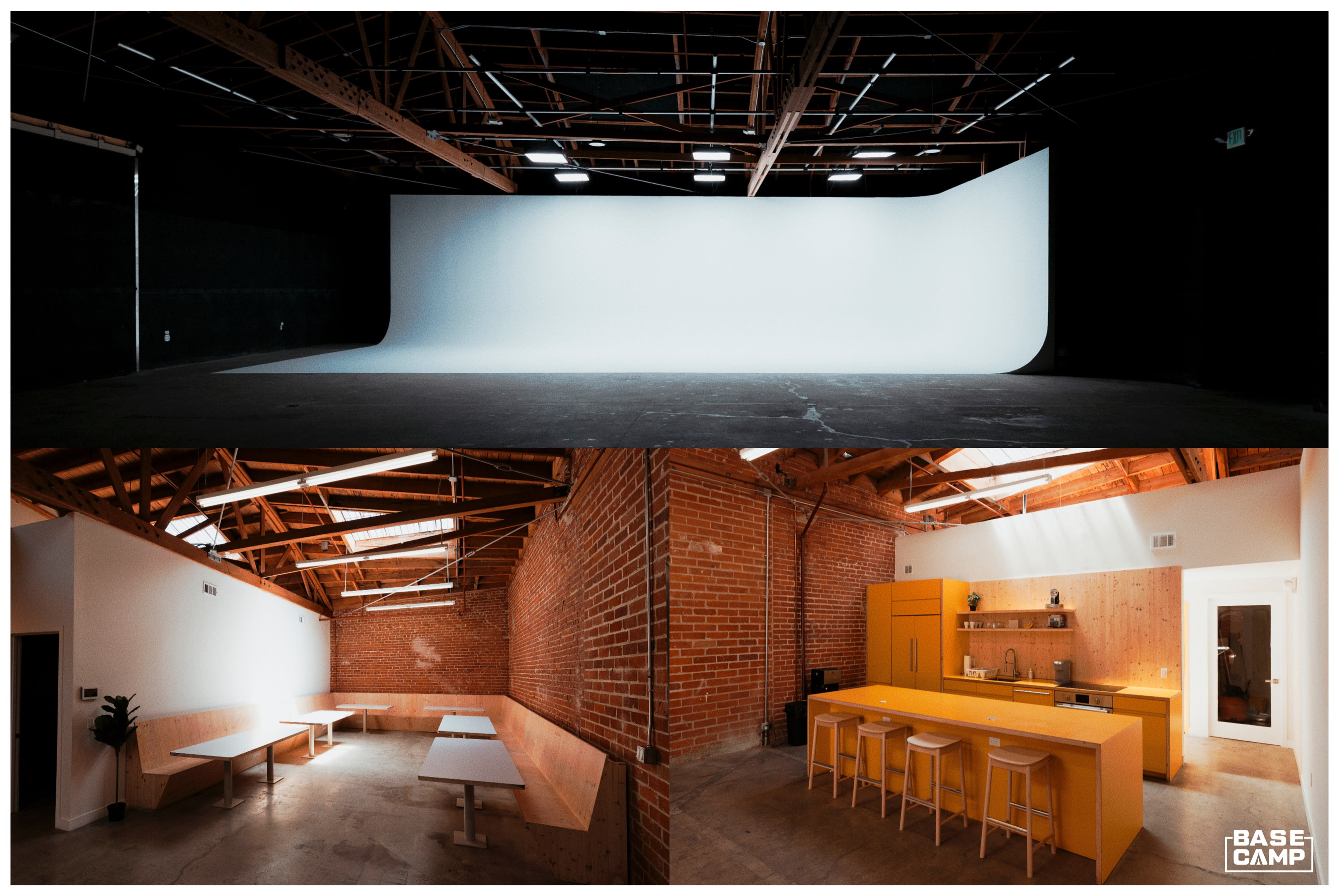 A video shoot for a commercial is taking place in a spacious studio, featuring multiple cameras, lighting equipment, and a backdrop.