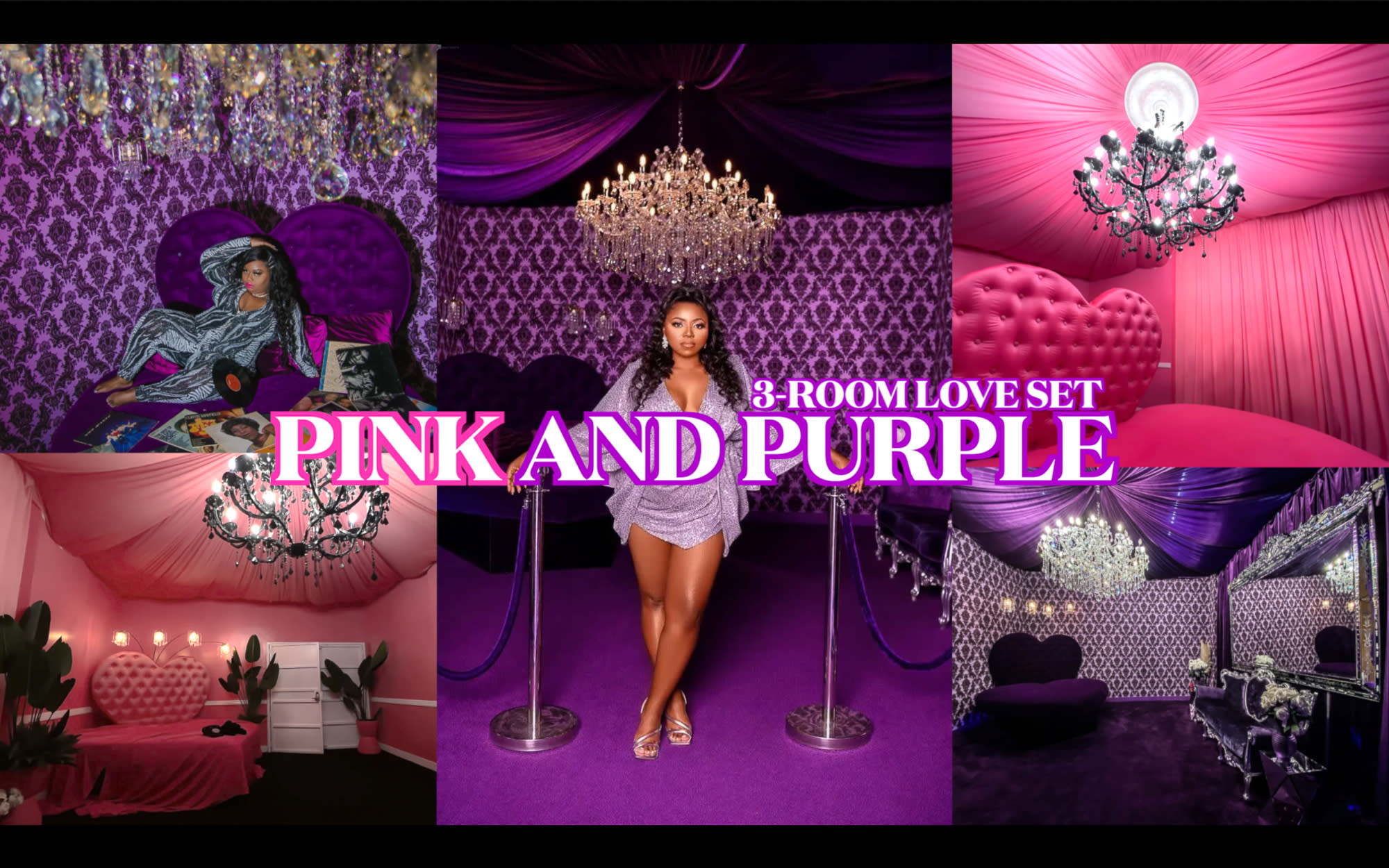A model poses in a pink swimsuit beside a disco ball against a purple backdrop during a photoshoot.