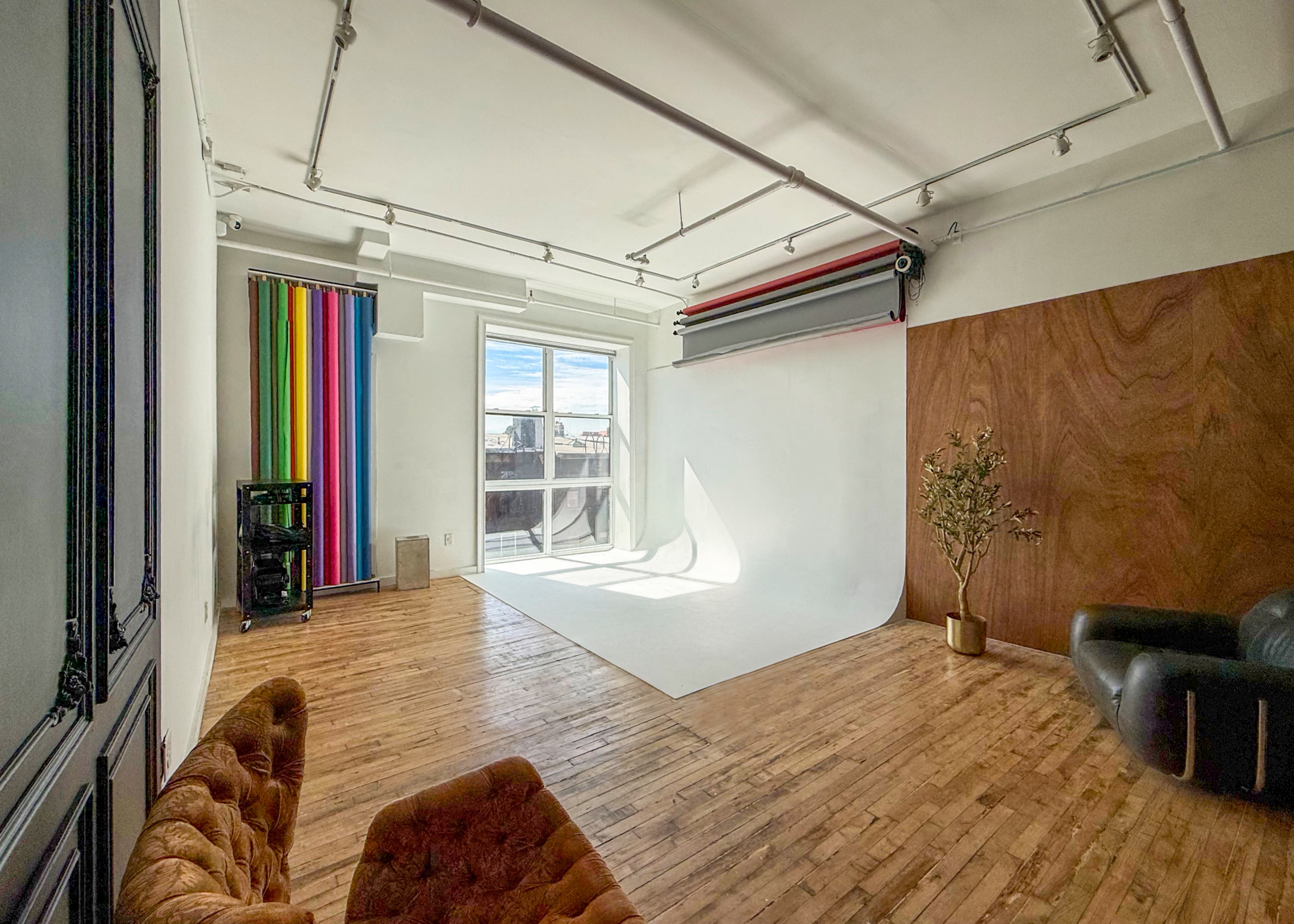 A well-lit studio space features wooden floors, a backdrop, plants, and seating arrangements for a production setup.