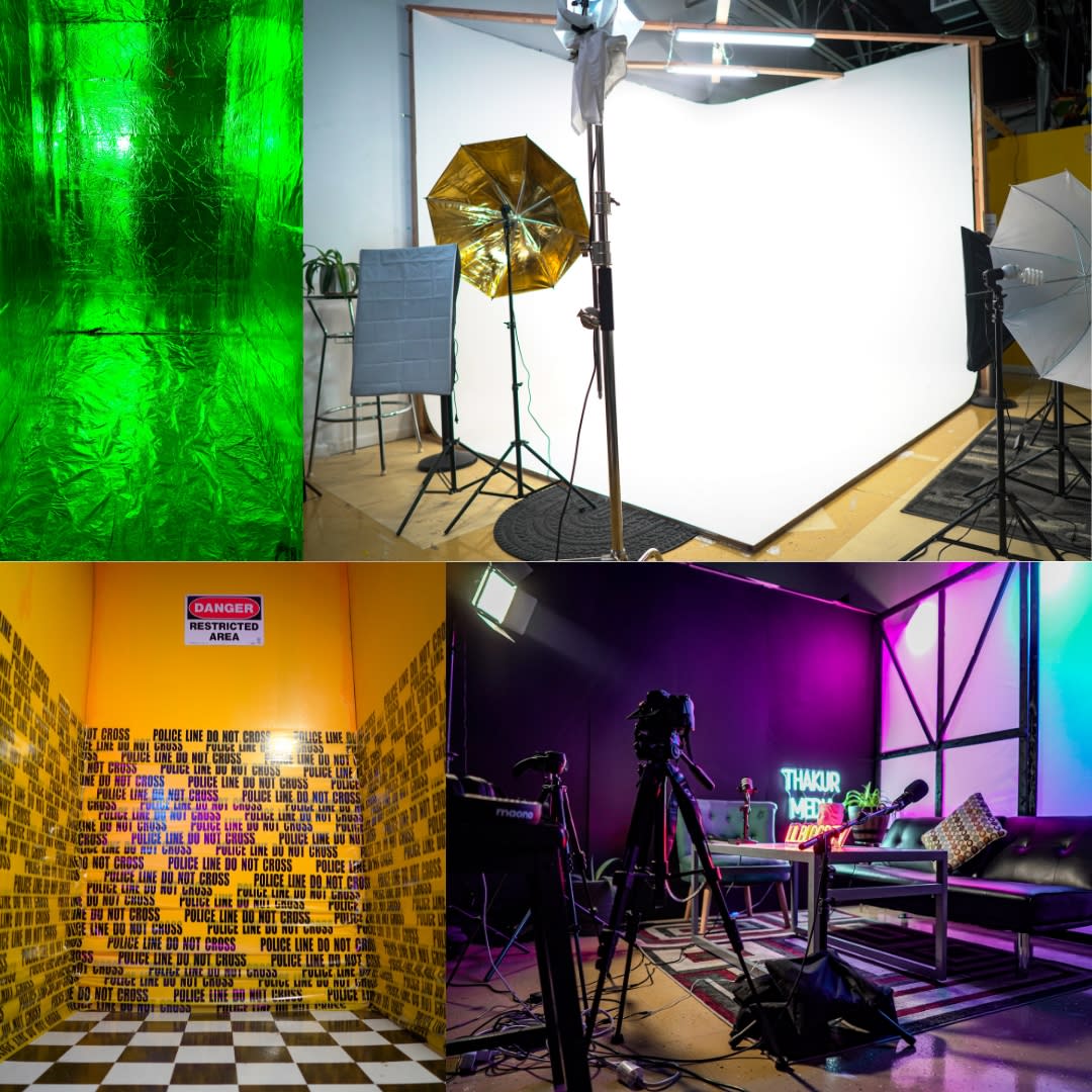 Three individuals engage in a podcast recording session, surrounded by cameras and microphones in a studio setting.
