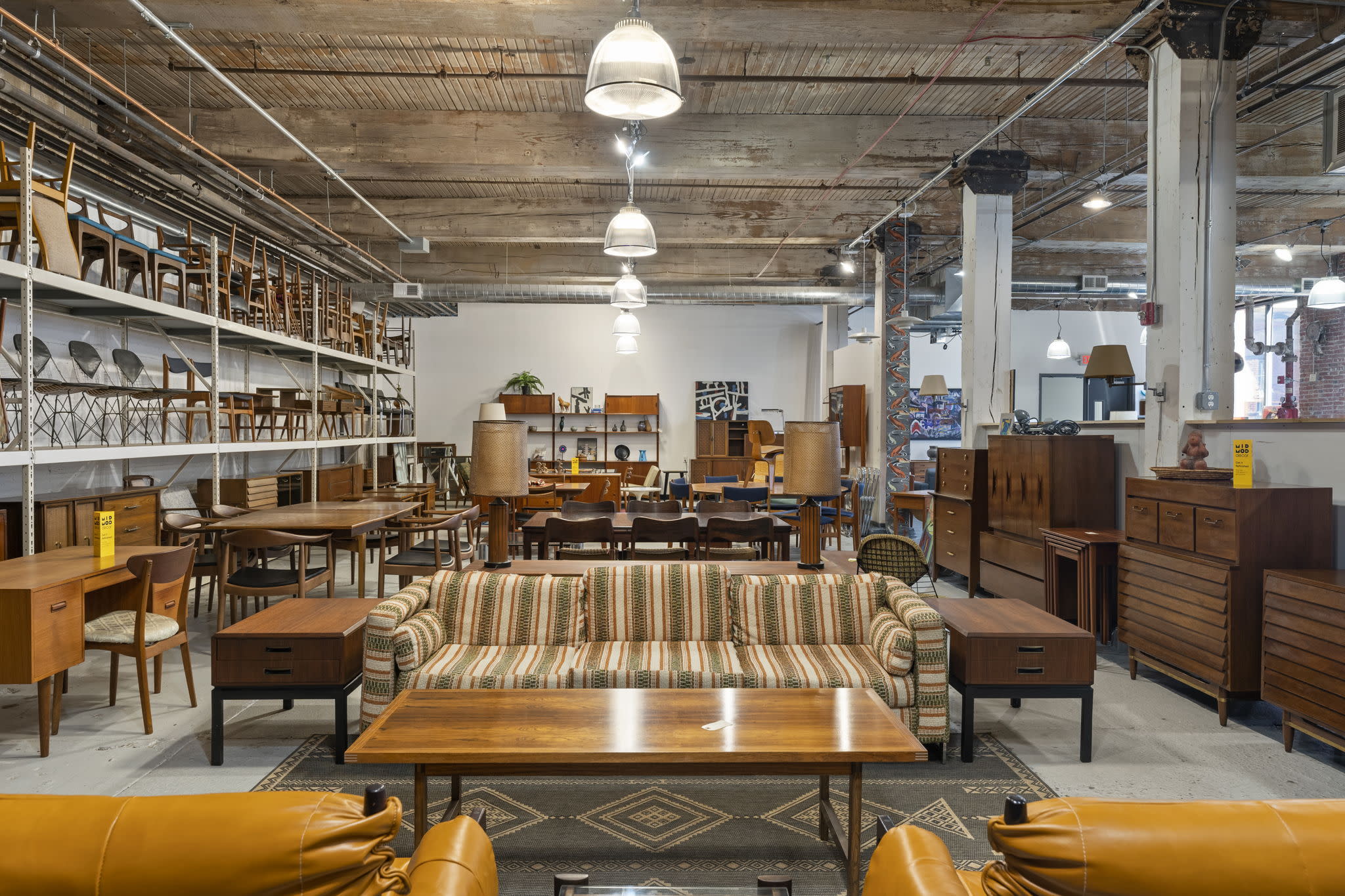 Industrial loft-style showroom filled with vintage mid-century modern  furniture, Wyncote, PA, Production