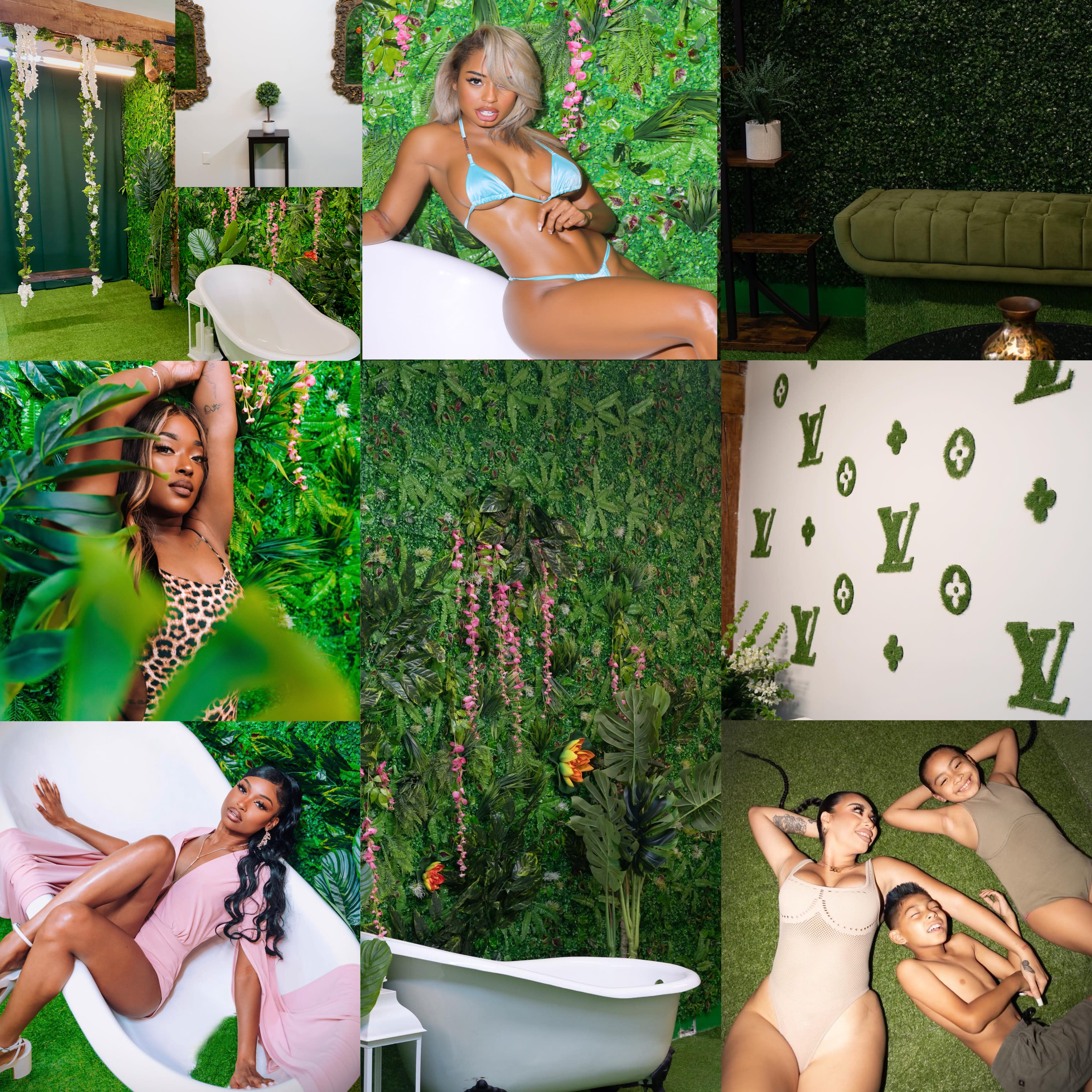 A model poses confidently in a bathtub against a lush green backdrop filled with flowers and foliage.