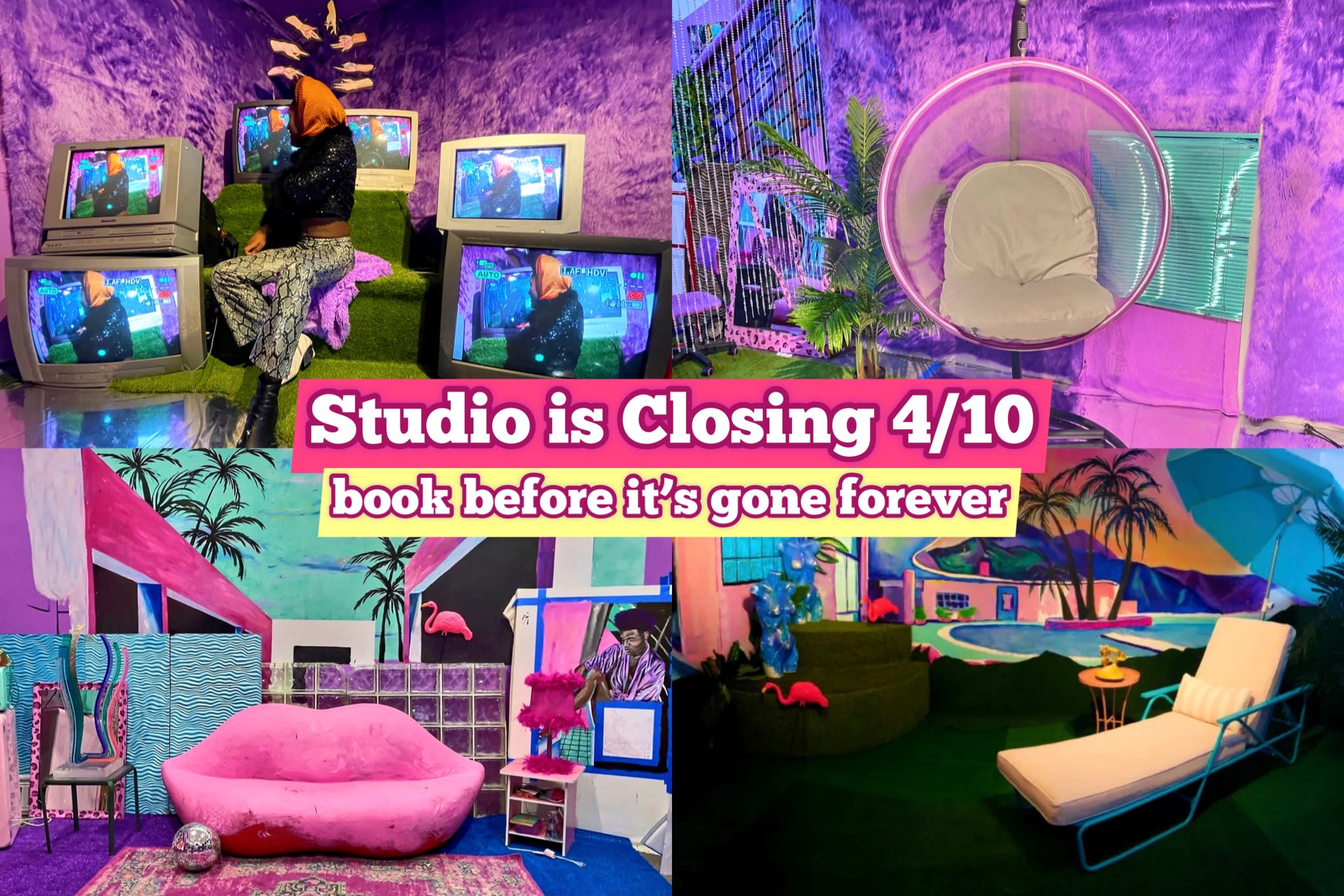 A group of four people sits on a vintage sofa in a colorful room, engaging in a lively video shoot while surrounded by snacks and props.