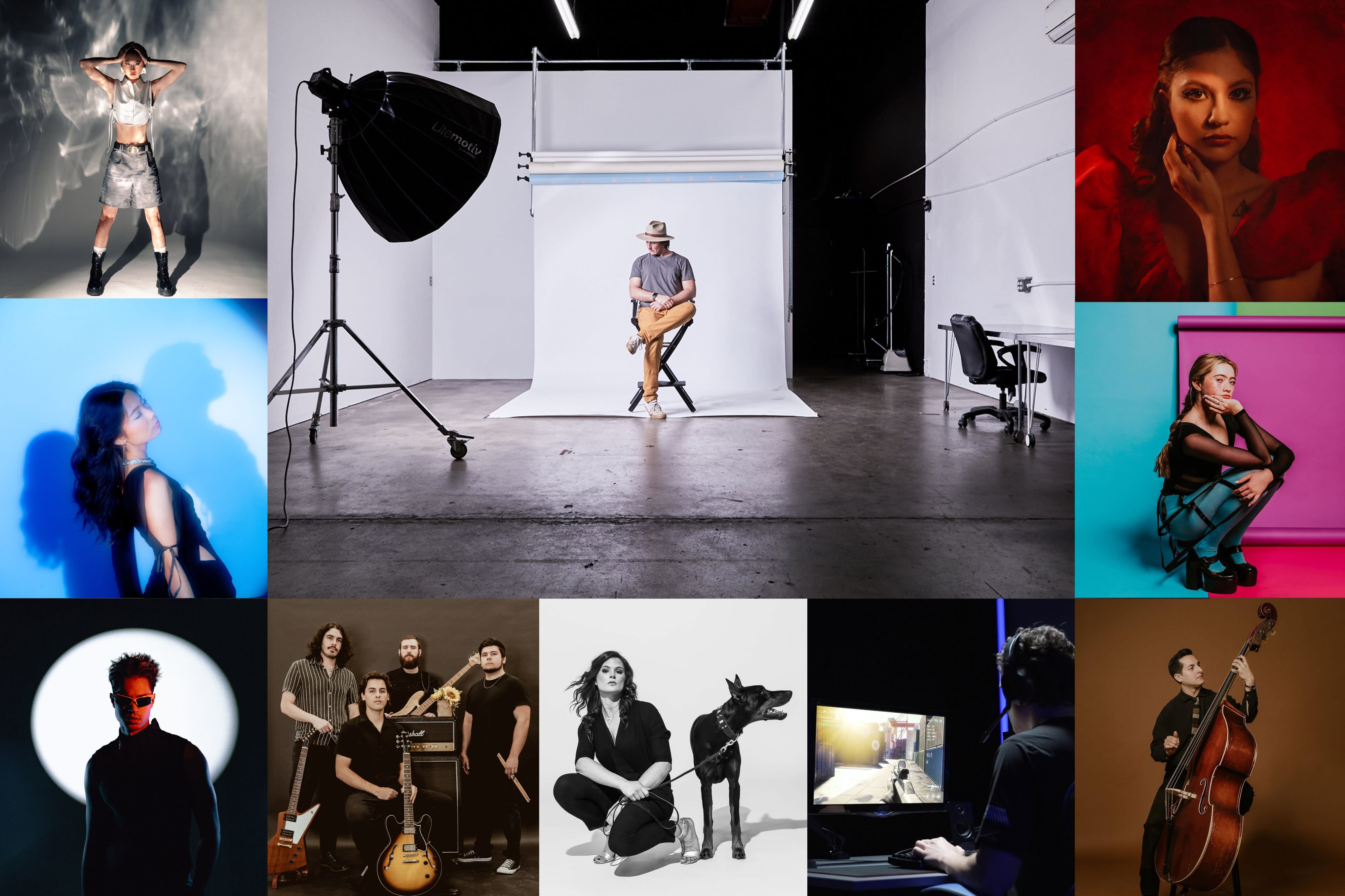 The scene features five performers posing in a studio during a photoshoot, with some on stilts and others using hula hoops.