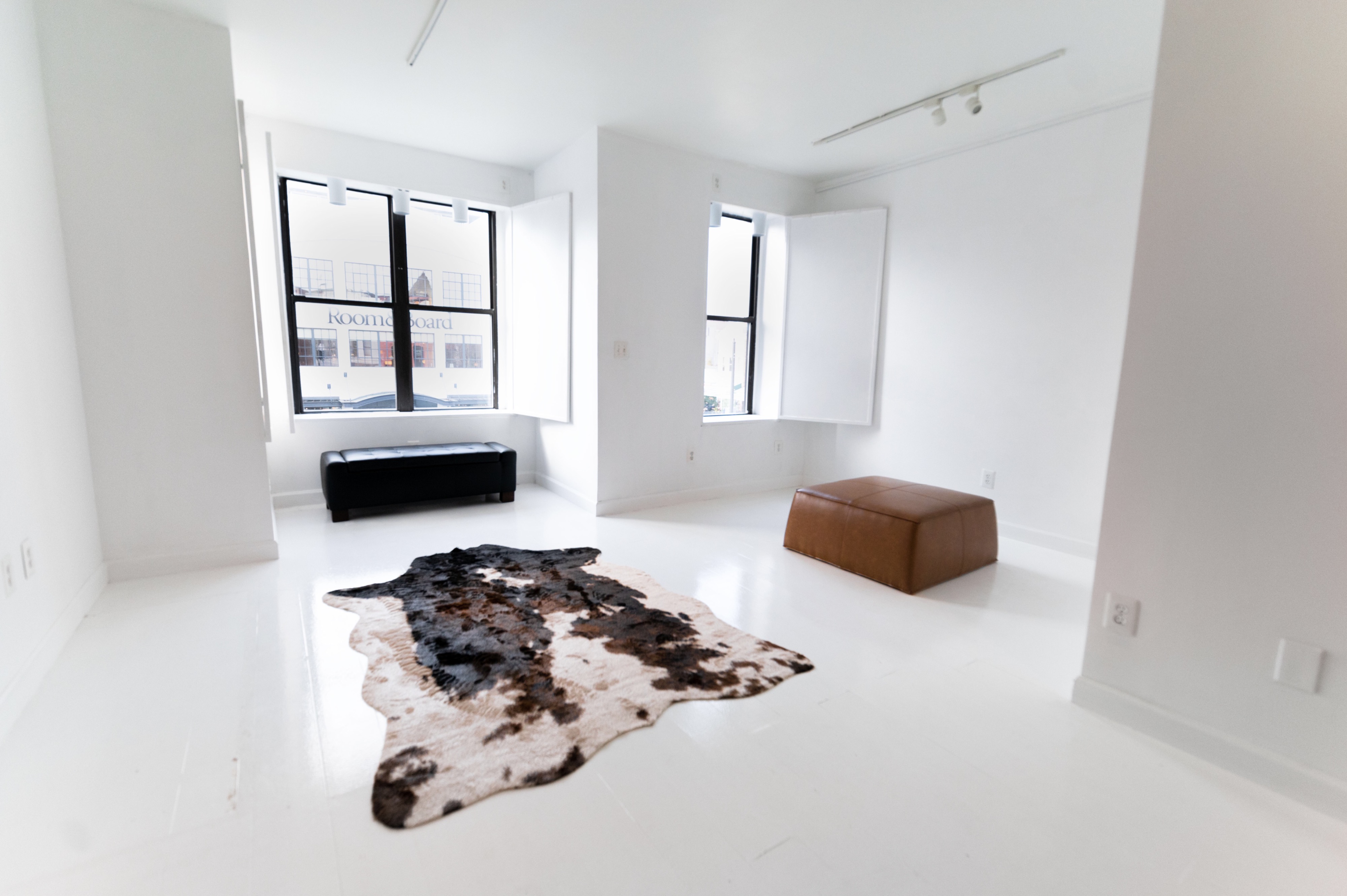 A minimalist studio space features a large window, a cowhide rug on the floor, and an earthy-toned artwork on the wall.