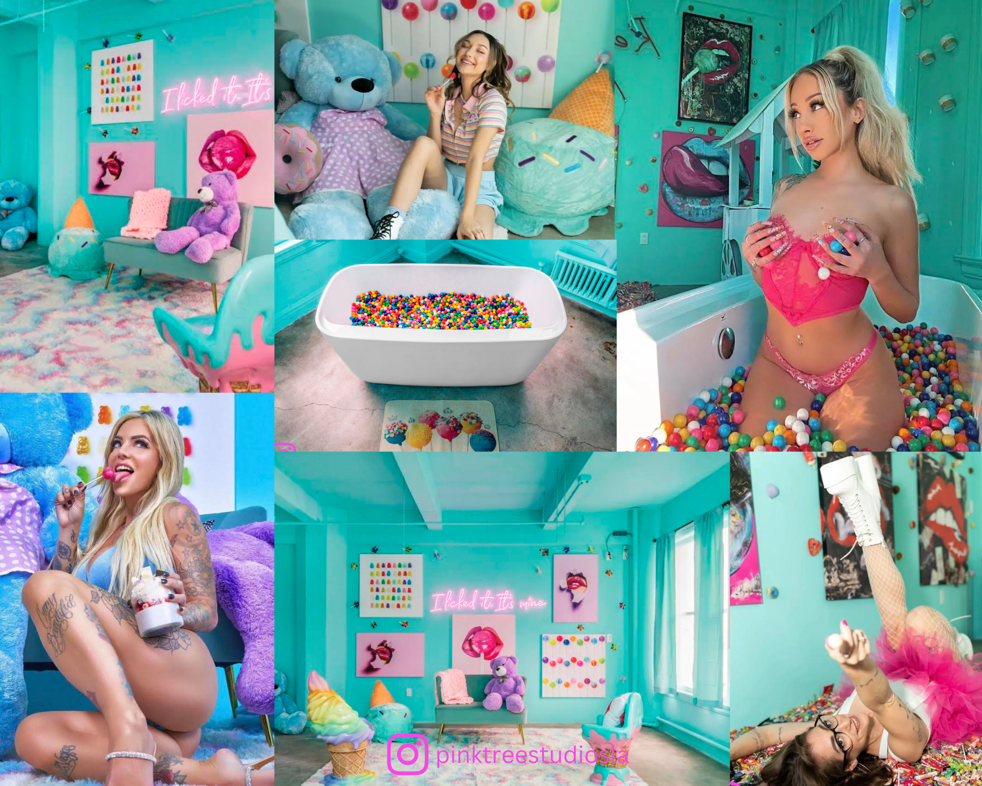 A person in a white suit and hat poses energetically in a colorful, candy-themed set filled with props like an ice cream cone and a bathtub.
