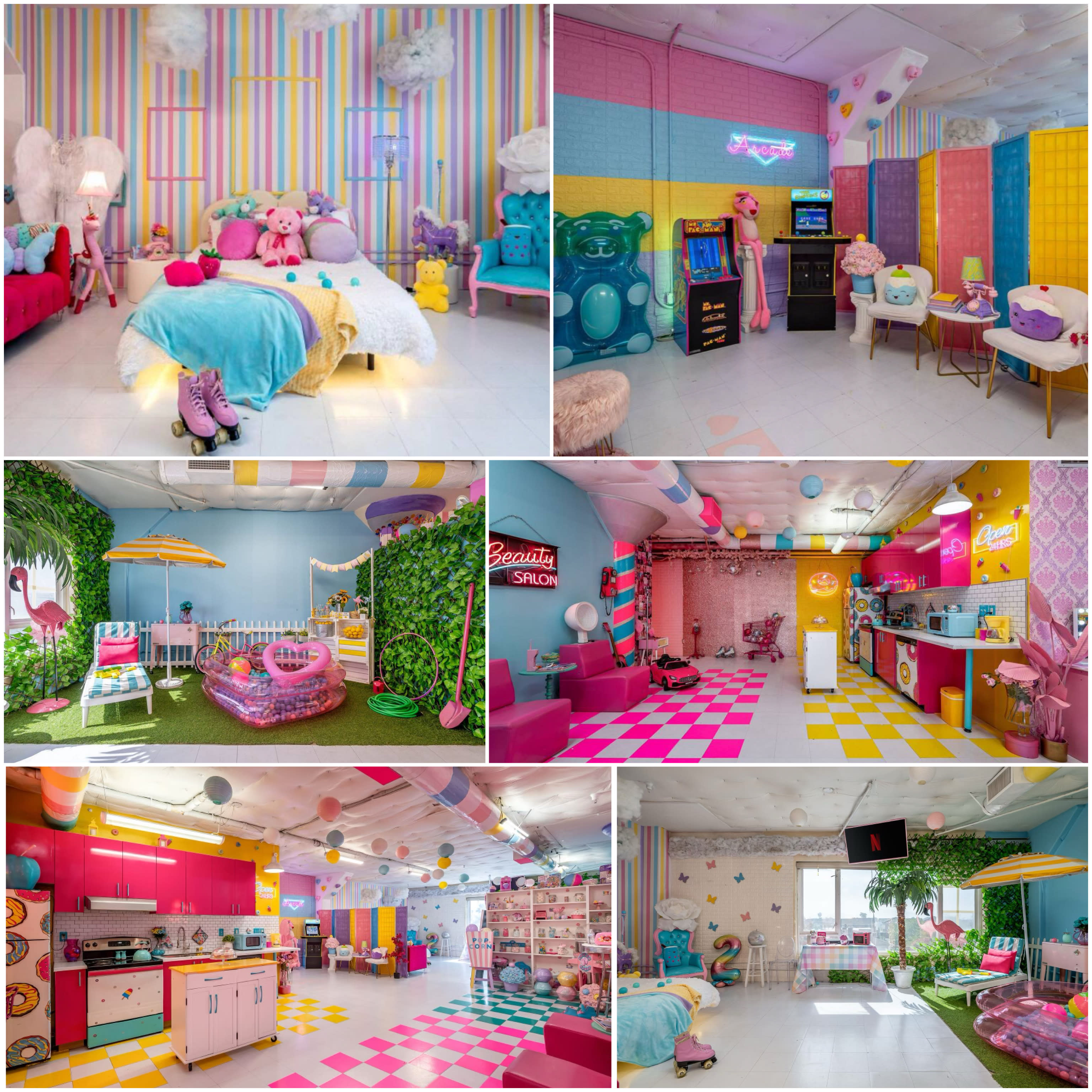A person sits in a pink toy car, laughing joyfully, surrounded by colorful decorations in a birthday party setting.