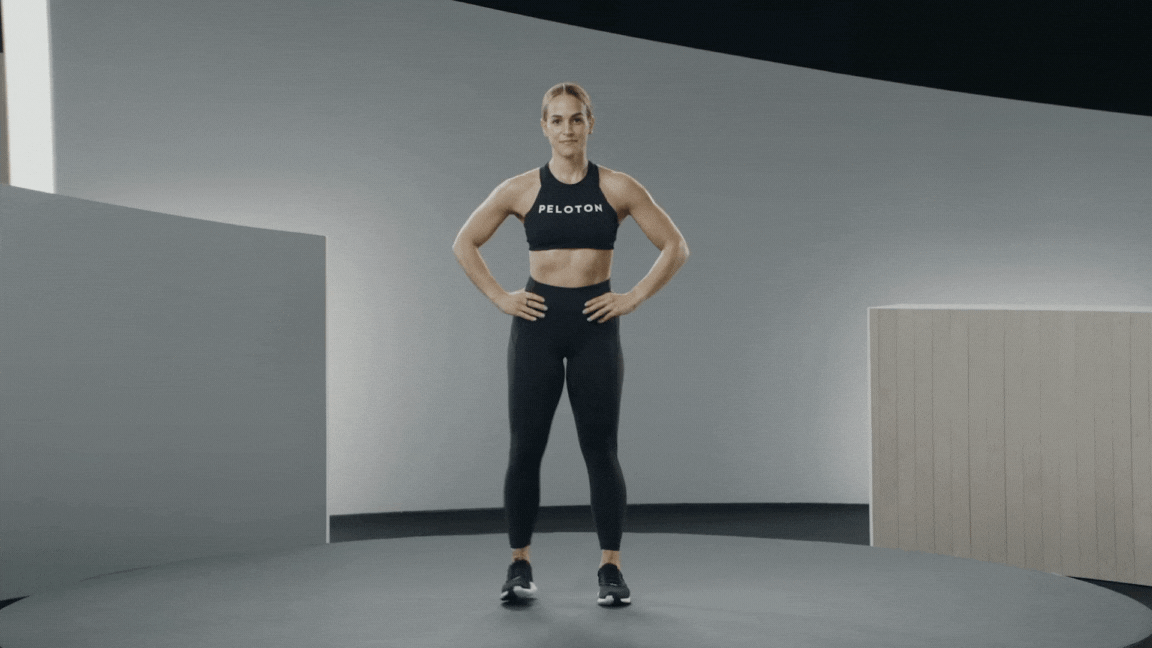 Peloton instructor Jess Sims demonstrates a lateral lunge hamstring exercise with proper form