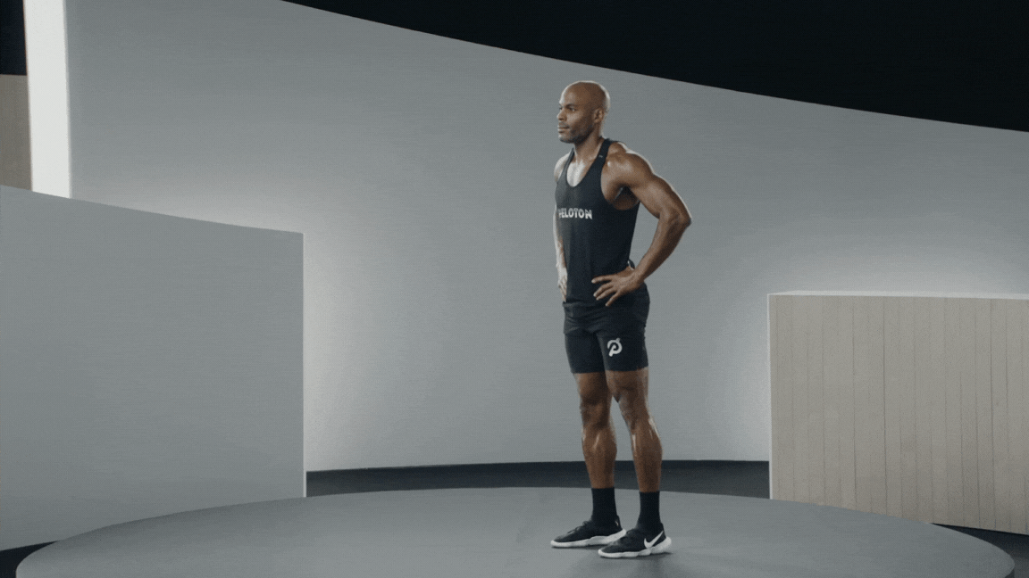 Peloton instructor Adrian Williams demonstrates a front lunge (forward lunge) with proper form