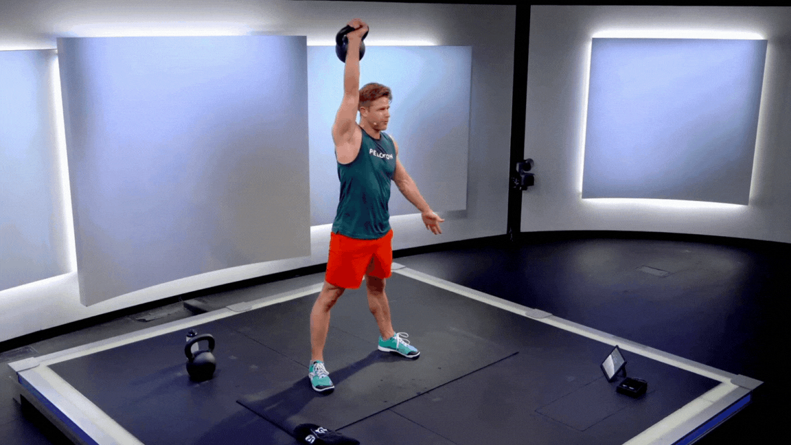 Peloton instructor Andy Speer demonstrating continuous reps of kettlebell snatches