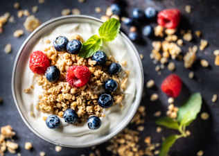 Yogurt bowl with raspberries, blueberries, and oats