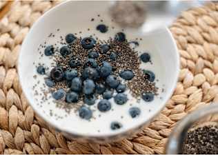 A bowl of yogurt with blueberries and chia seeds