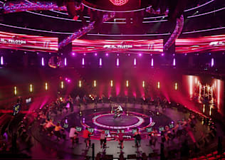 Peloton instructor Alex Toussaint teaches a cycling class at the 2025 Formula 1 Las Vegas Grand Prix