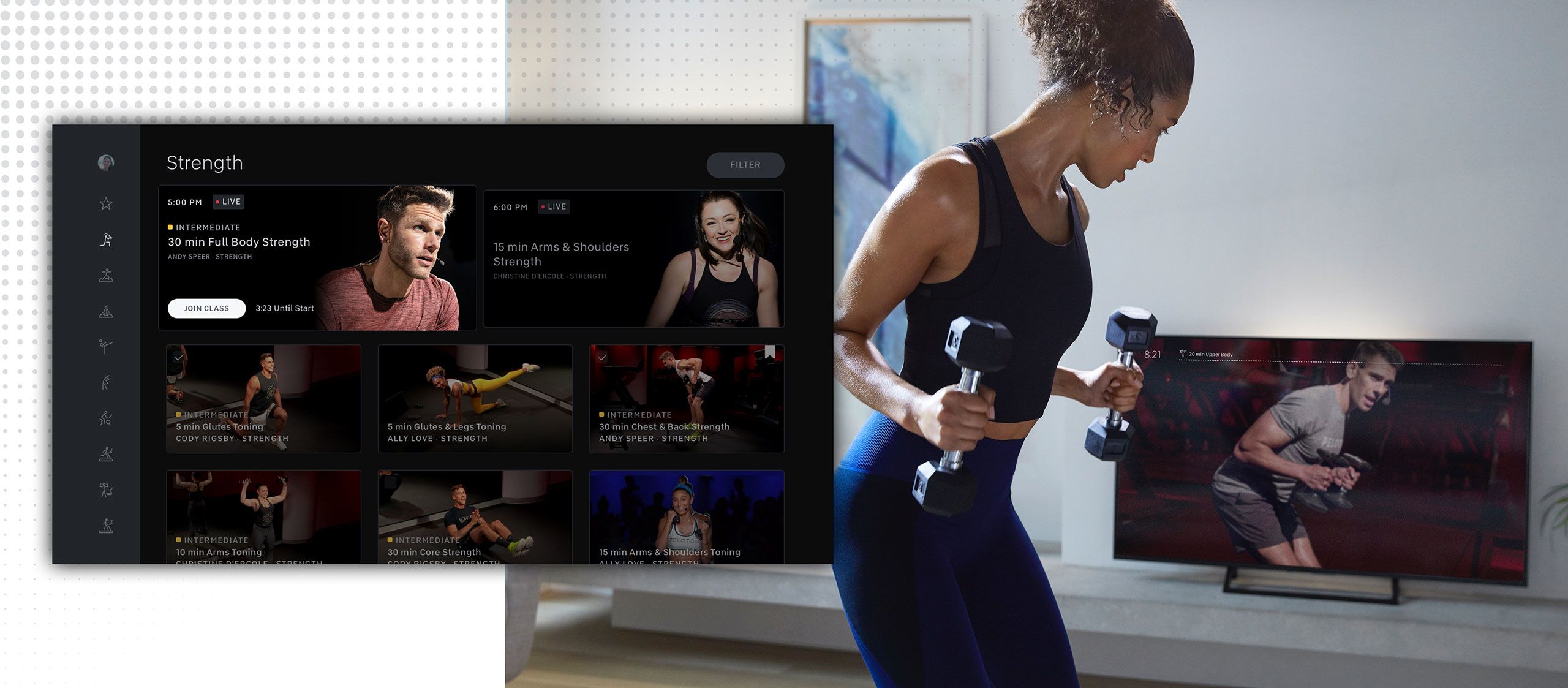 Peloton app strength page and lady training in front of television