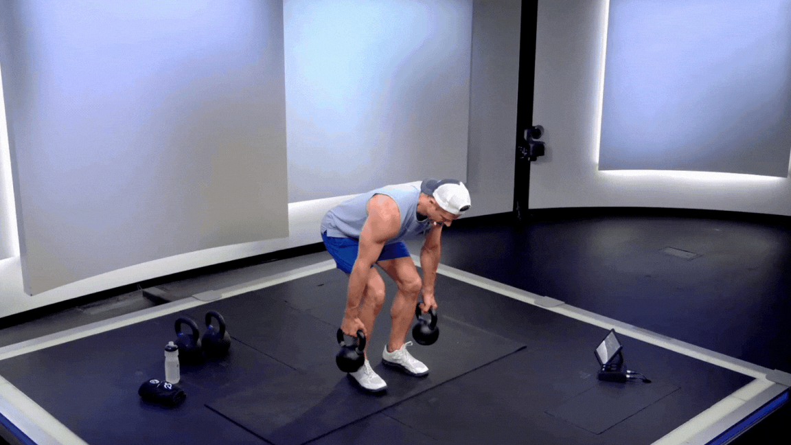 Peloton instructor Andy Speer demonstrates a kettlebell bent-over row as a kettlebell back exercise.
