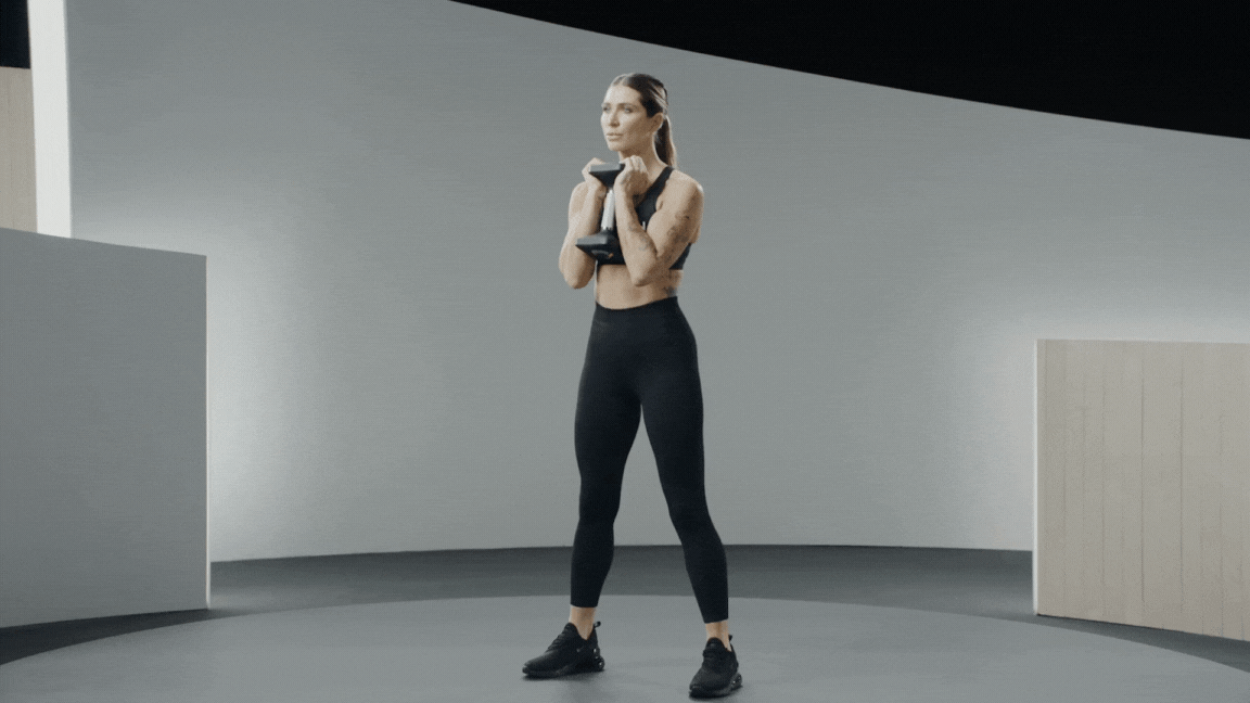 Peloton instructor Selena Samuela demonstrates a dumbbell goblet squat as a strength exercise for tennis.