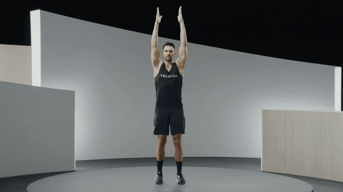 Peloton instructor Matty Maggiacomo demonstrating the standing side bench morning stretch
