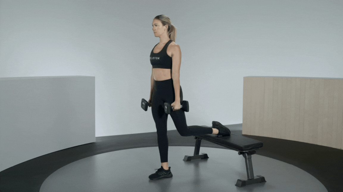 Peloton instructor Callie Gullickson demonstrates a Bulgarian split squat as one of the best hamstring exercises