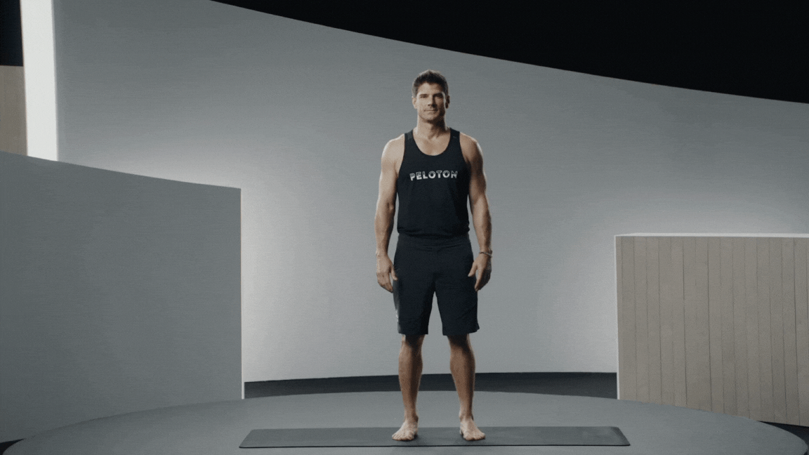 Peloton instructor Denis Morton demonstrates Mountain Pose as an easy yoga pose.