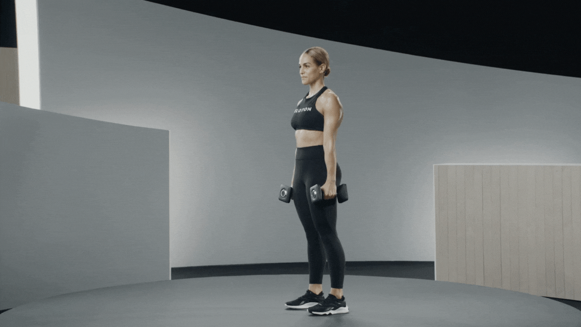 Peloton instructor Jess Sims demonstrates a dumbbell bent-over row strength training exercise with proper form.