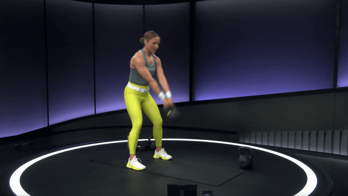 Peloton Instructor Joslyn Thompson Rule demonstrates a kettlebell swing, a beginner kettlebell exercise