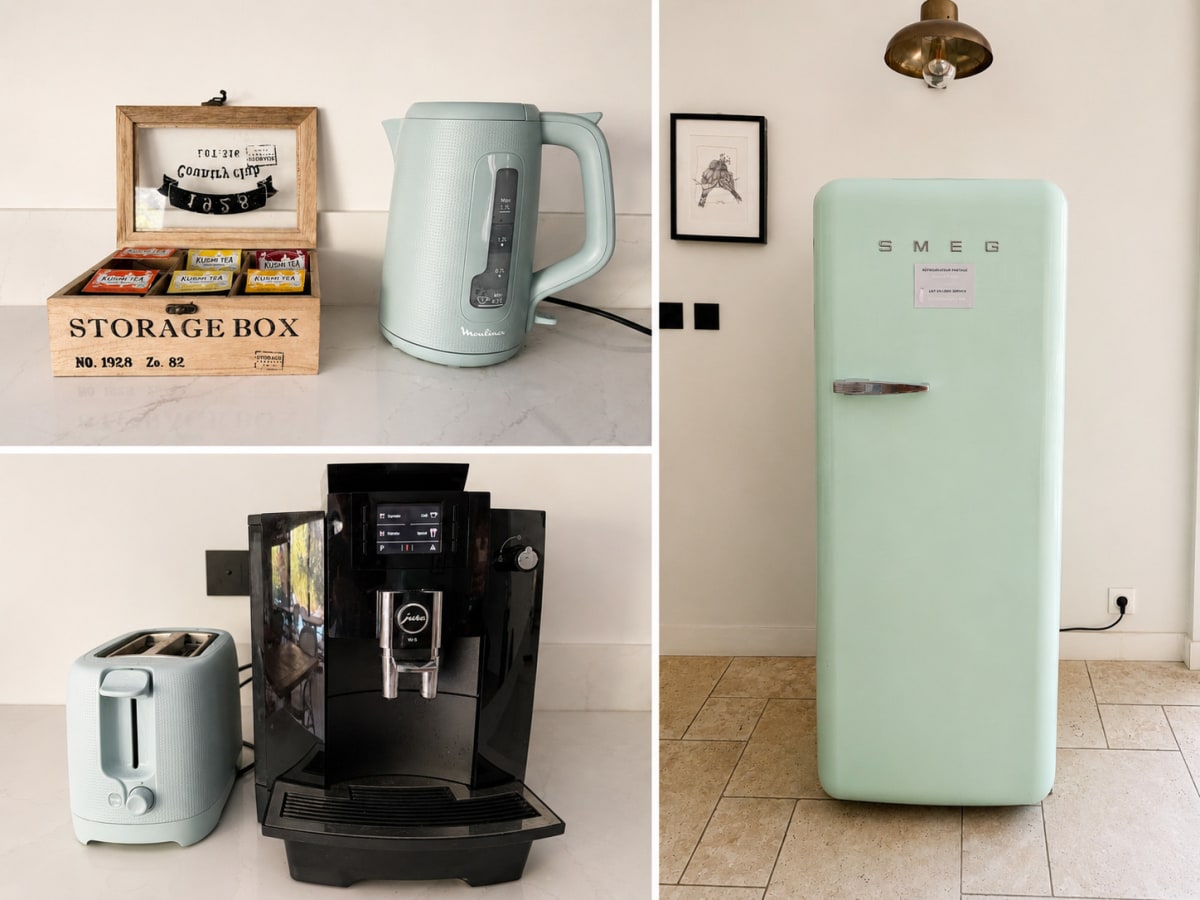 Équipements partagés : réfrigérateur, machine à café, bouilloire et sélection de thés