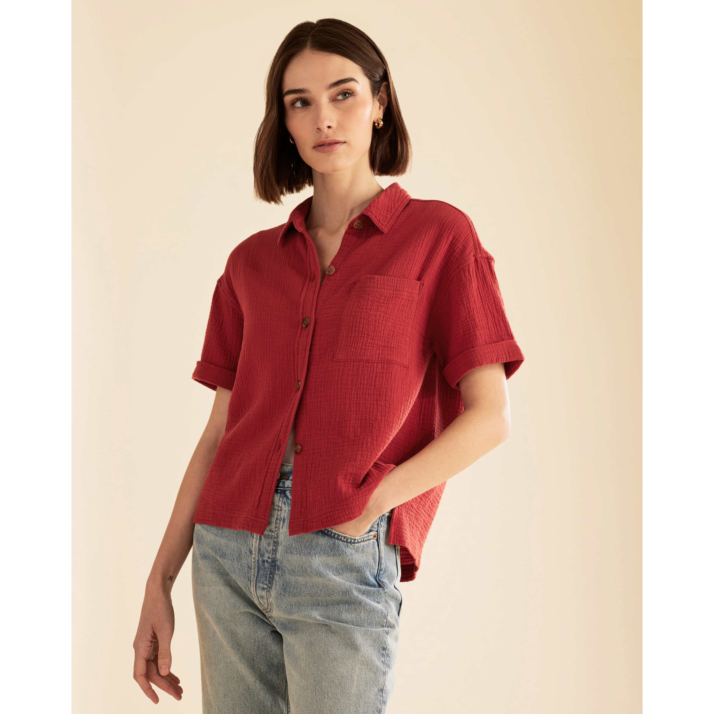 WOMEN'S BUTTON-UP COTTON GAUZE SHIRT