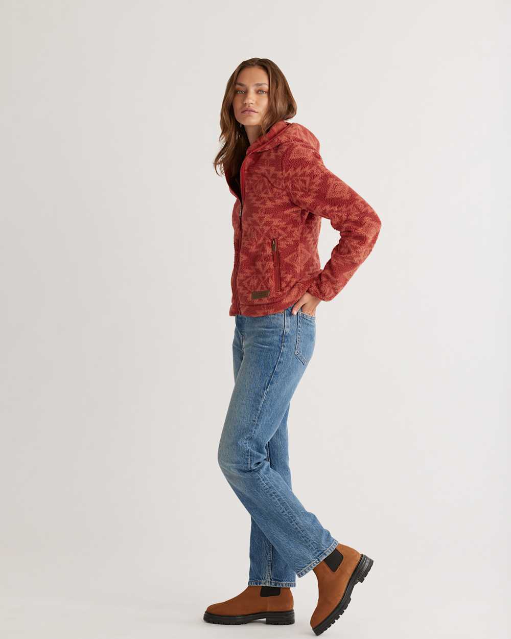 ALTERNATE VIEW OF WOMEN'S FLEECE HOODED JACKET IN BURNT RED SACRED STAR image number 2