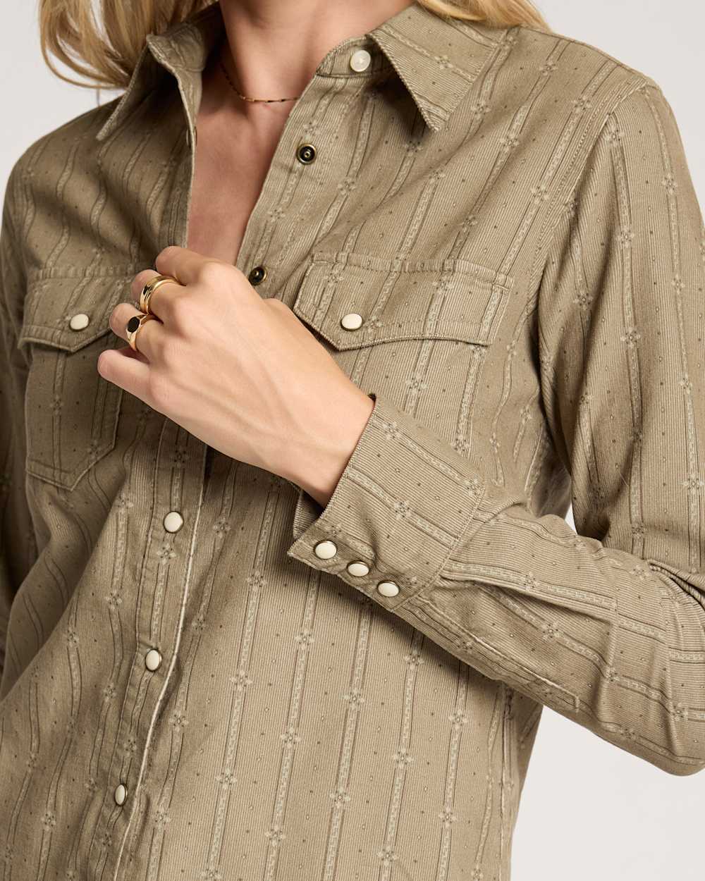 ALTERNATE VIEW OF WOMEN'S PRINTED CORDUROY GAMBLER SHIRT IN SAGE GREEN image number 5