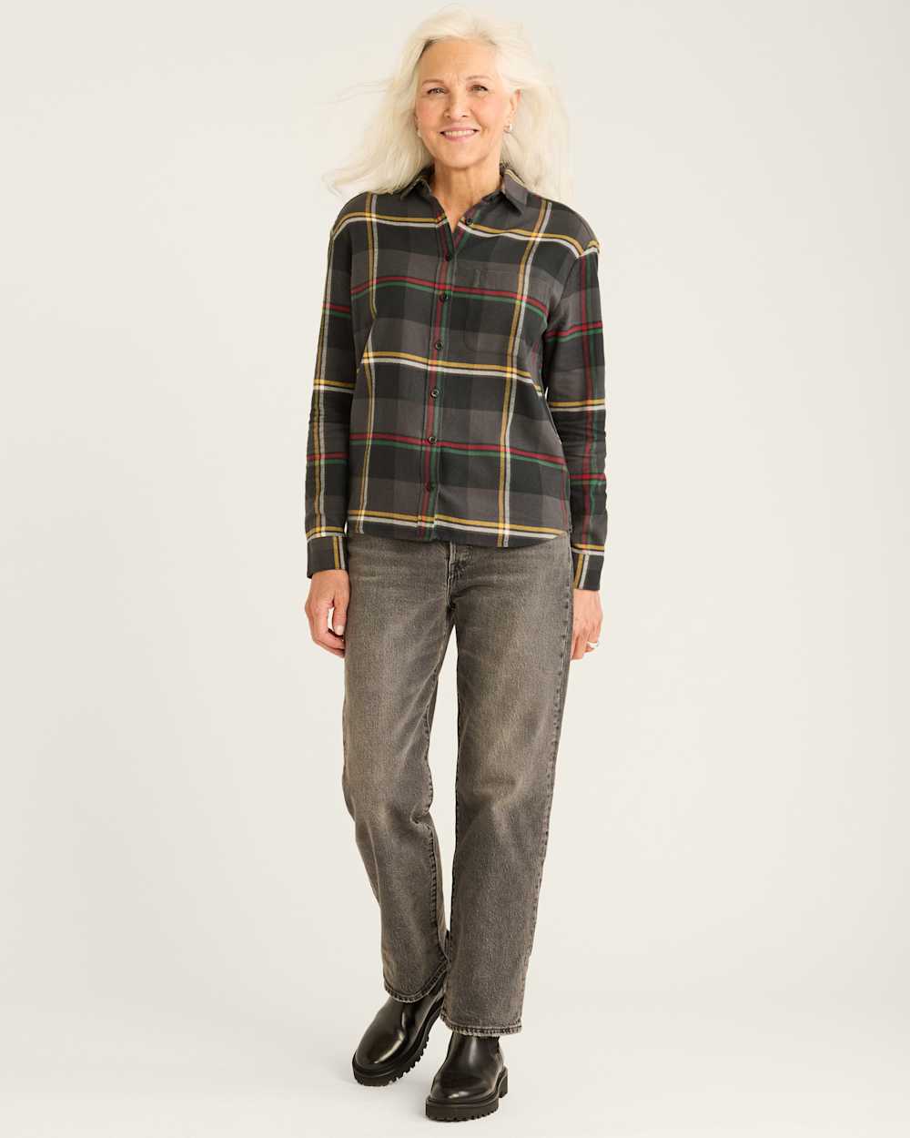 ALTERNATE VIEW OF WOMEN'S PLAID BOYFRIEND DOUBLEBRUSHED FLANNEL SHIRT IN BLACK MULTI image number 5
